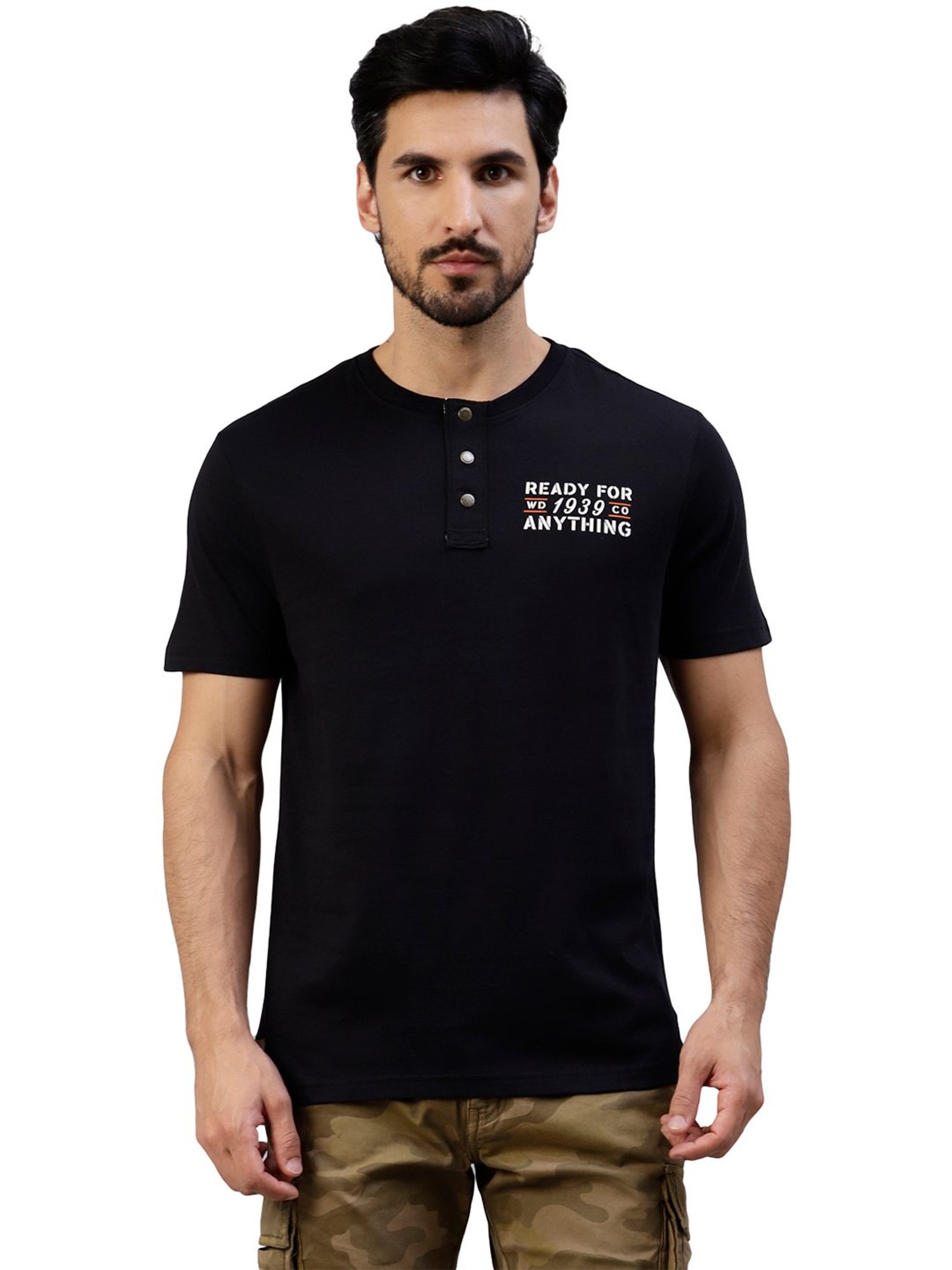 Royal Enfield Military Messenger Black Regular Fit Printed Henley T-Shirt