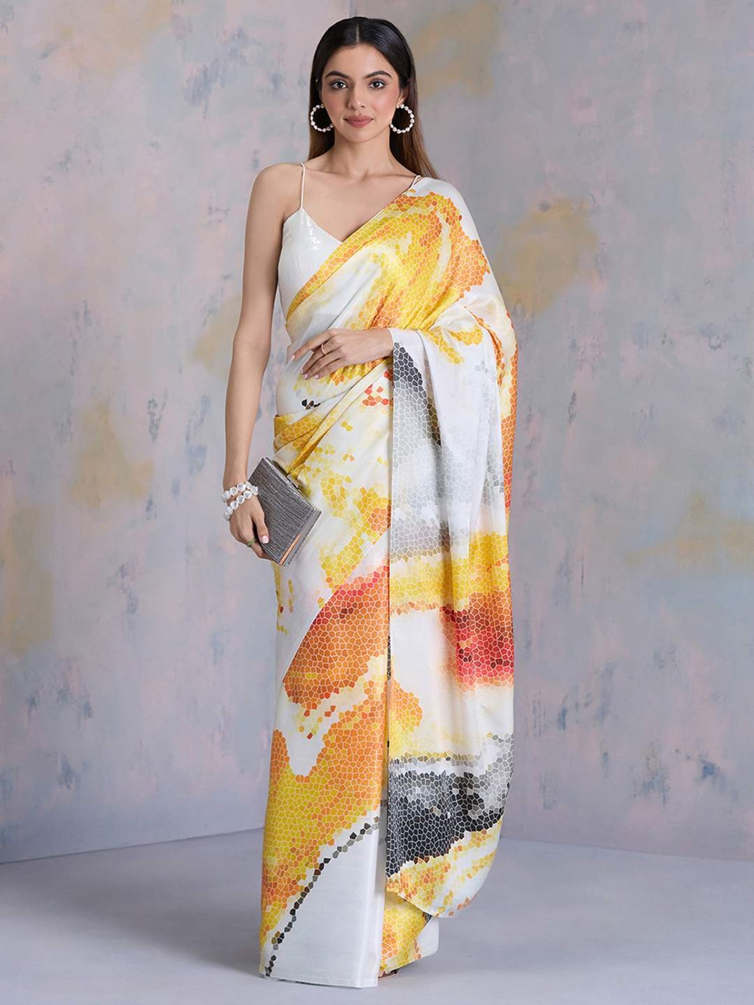navyasa by liva Orange Printed Saree With Unstitched Blouse