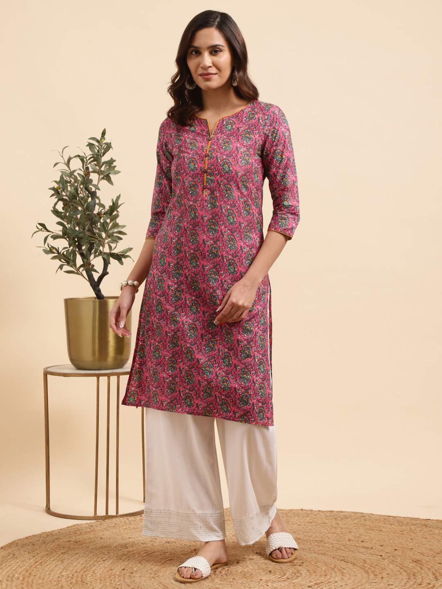 Rangita Pink Cotton Floral Print Kurta Palazzo Set