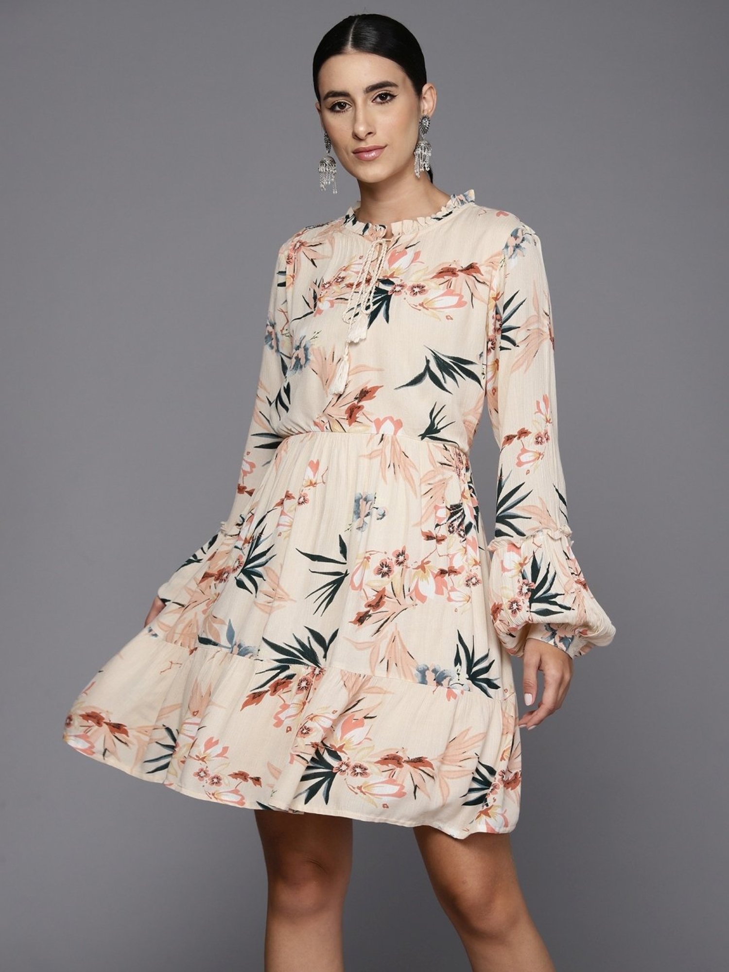 Indo Era Beige Cotton Floral Print A-Line Dress