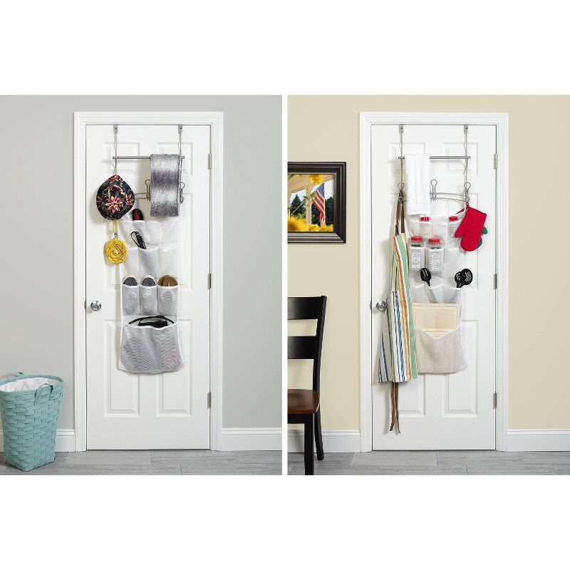 Snug Fit Over the Door Towel Bar with Mesh Pocket Storage Satin Nickel - Zenna Home