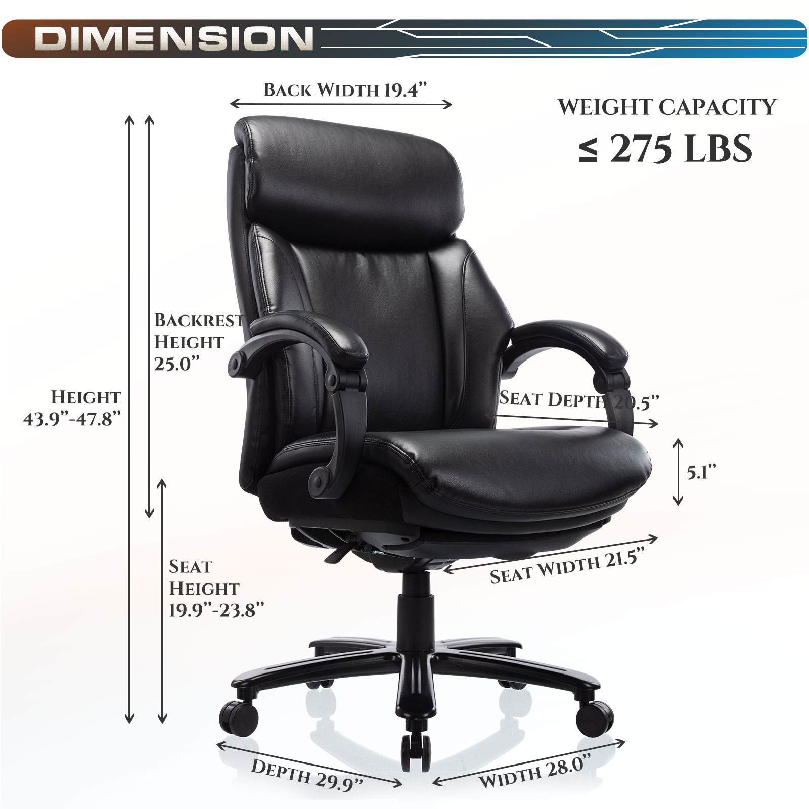 COLAMY Big & Tall Reclining Office Chair with Footrest, High Back Bonded Leather Executive Computer Desk Swivel Chair with Adjustable Tilt Angle Metal Base Thick Padding Wide Seat