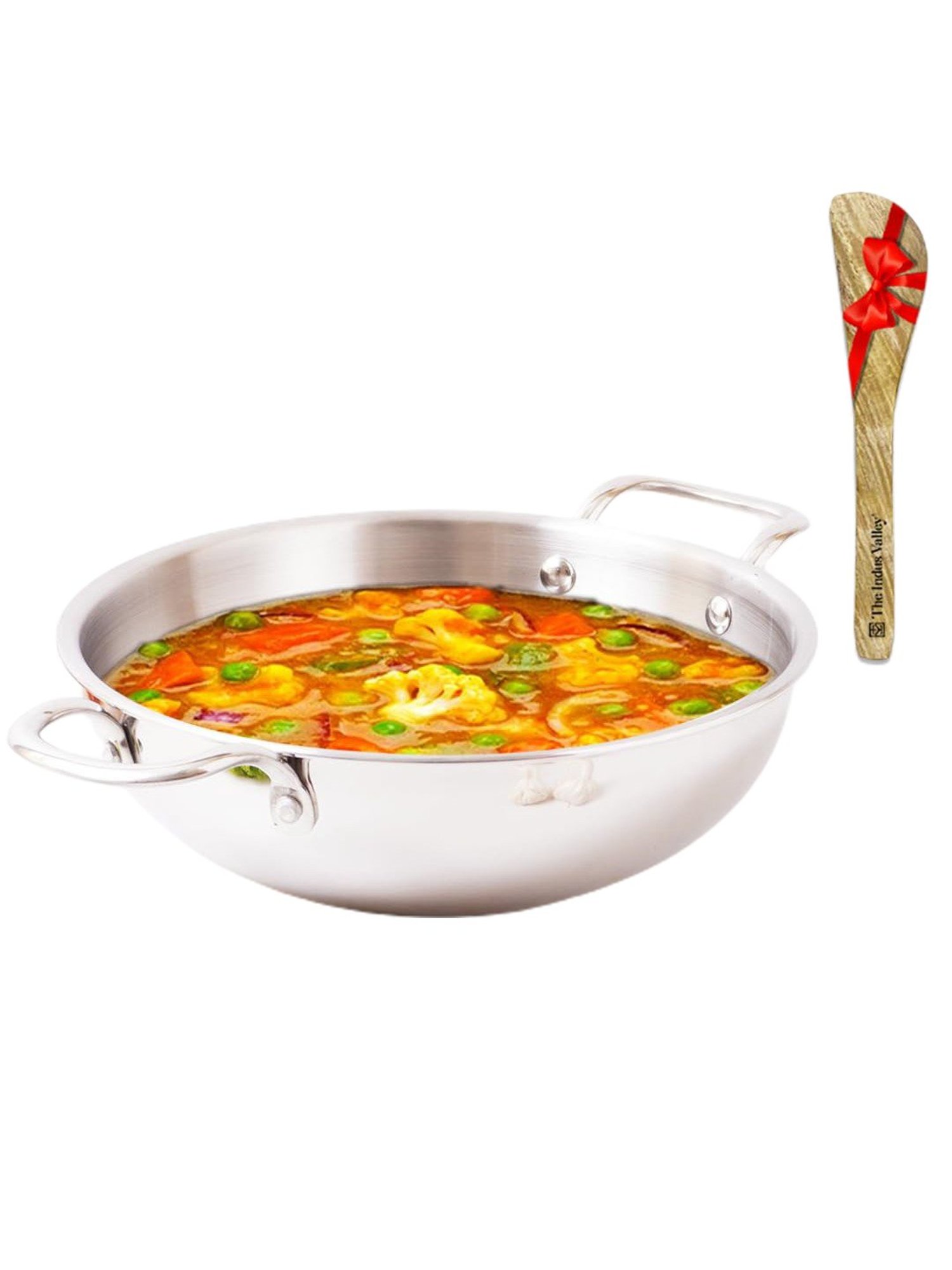 The Indus Valley Silver Stainless Steel Kadhai with Free Wooden Flip (1.7 L)