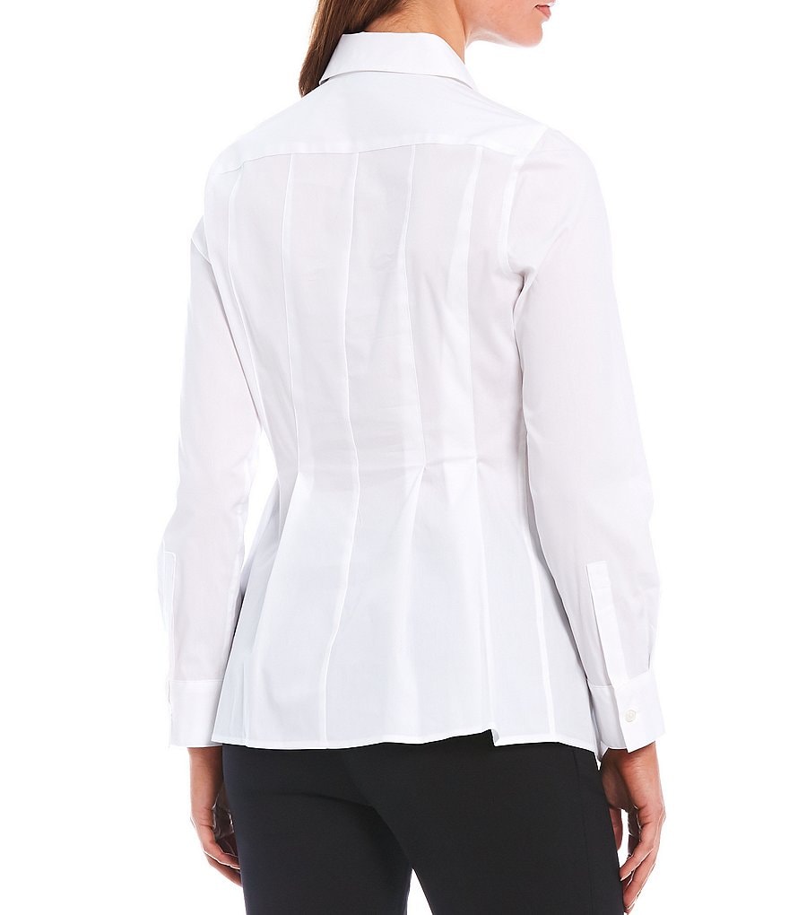 Donna Karan New York A-Line Button Front Point Collar Neck Long Cuff Sleeve Blouse