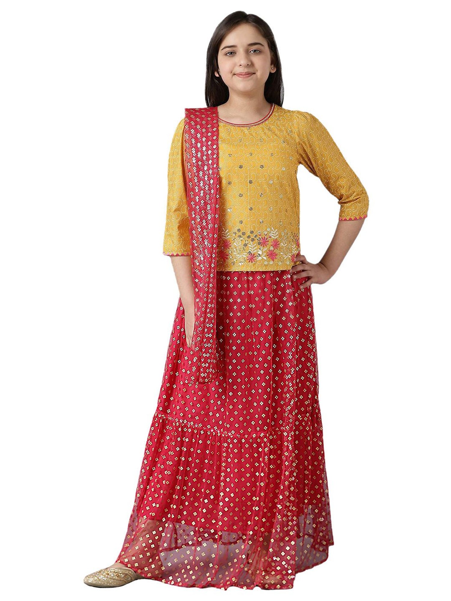 Aurelia Kids Yellow & Red Embroidered Top with Skirt & Dupatta