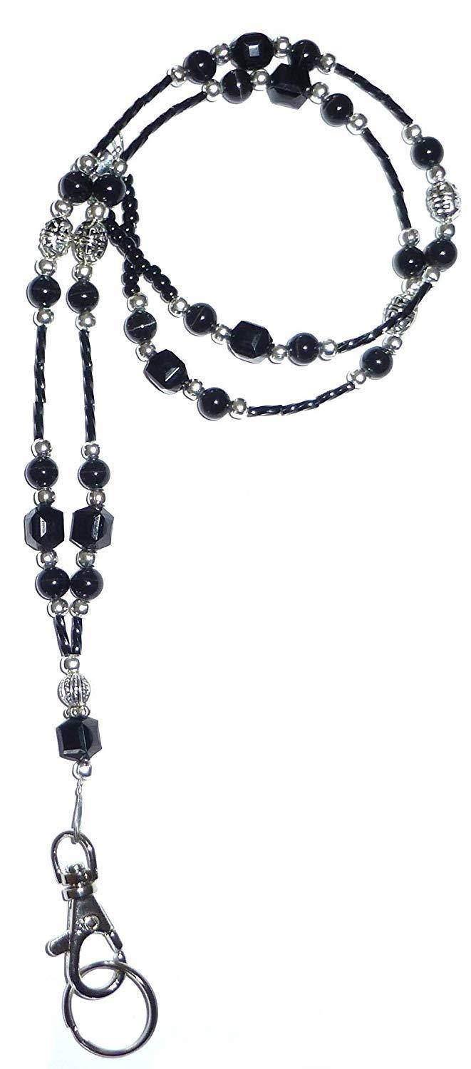 Hidden Hollow Beads Women's Beaded Lanyard 34 Inches, SUPER SLIM Black - NON Breakaway ( Stronger)