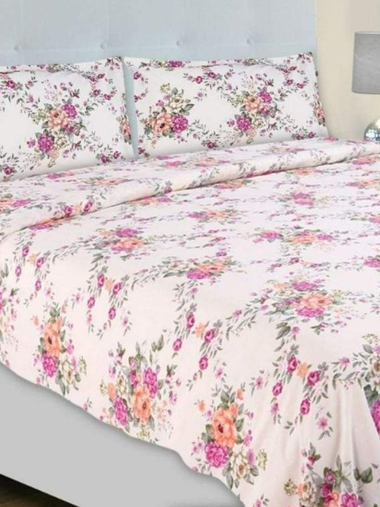 Haus & Kinder Greek Garden Romance Pink & Orange 144 TC Cotton King Bed Sheet with 2 Pillow Covers