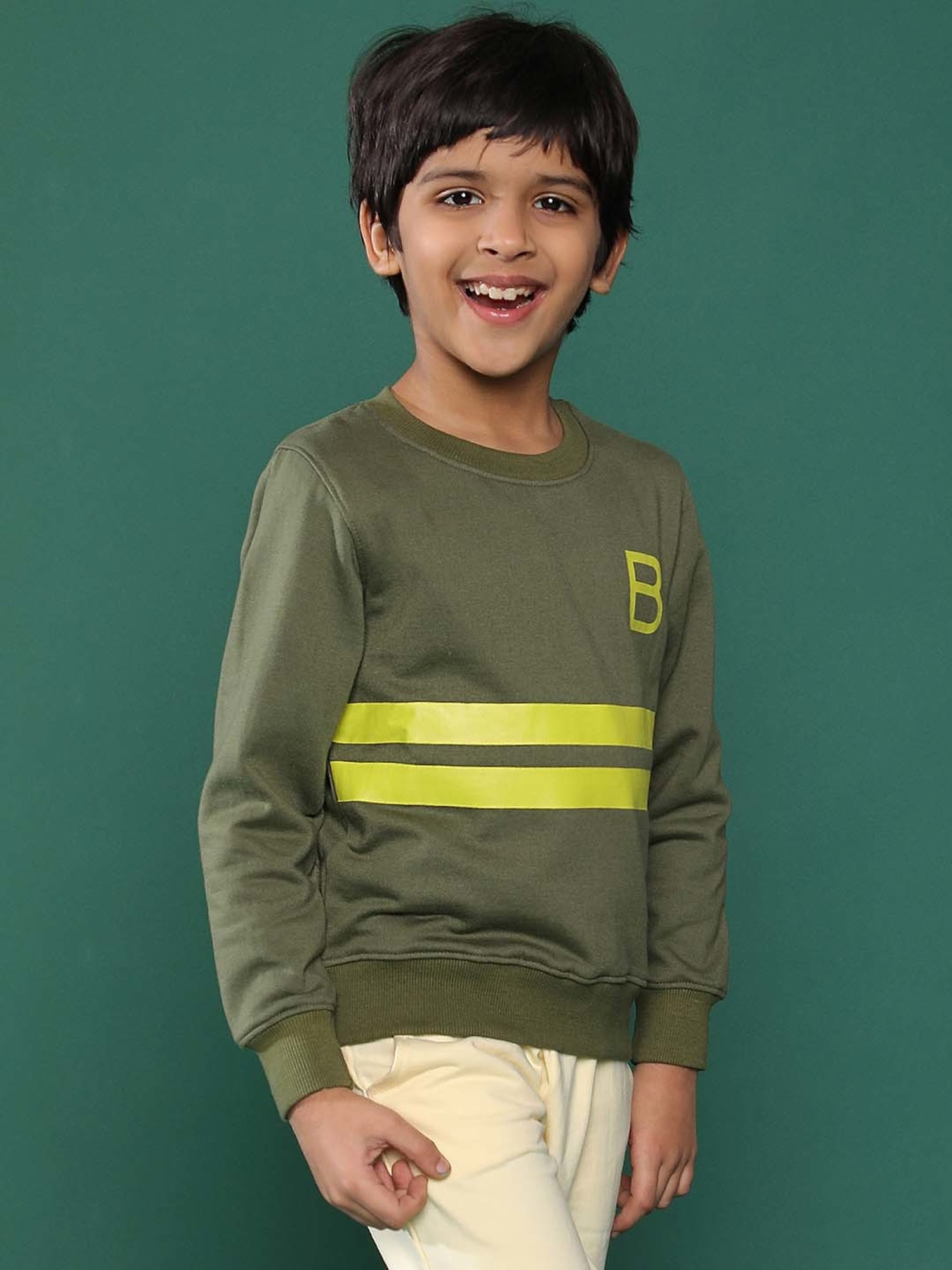 Tales & Stories Kids Olive Cotton Striped Full Sleeves Sweatshirt