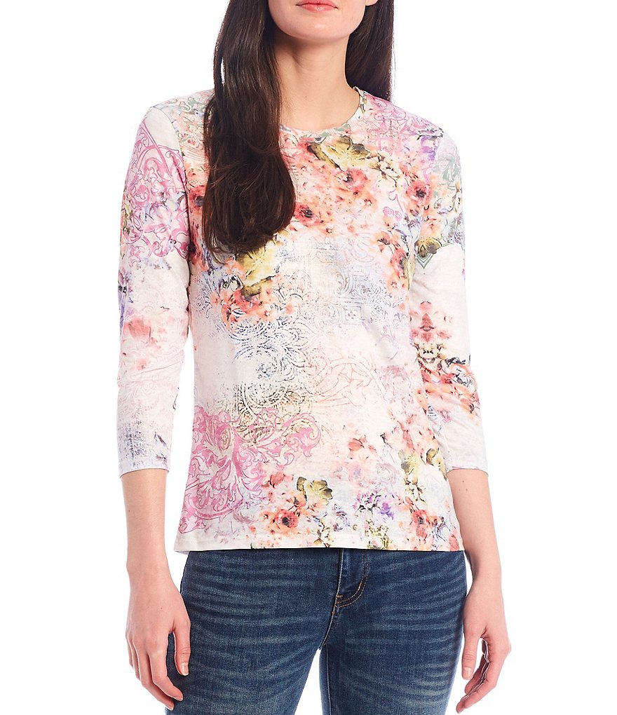 Reba Crystal Embellished Multi Floral Print 3/4 Sleeve Burnout Jersey Knit Tee