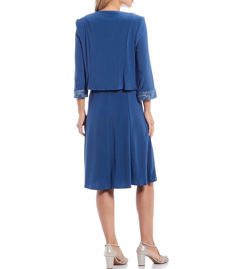 Le Bos A-Line Jersey Embroidered Scoop Neck 3/4 Sleeve 2-Piece Jacket Dress