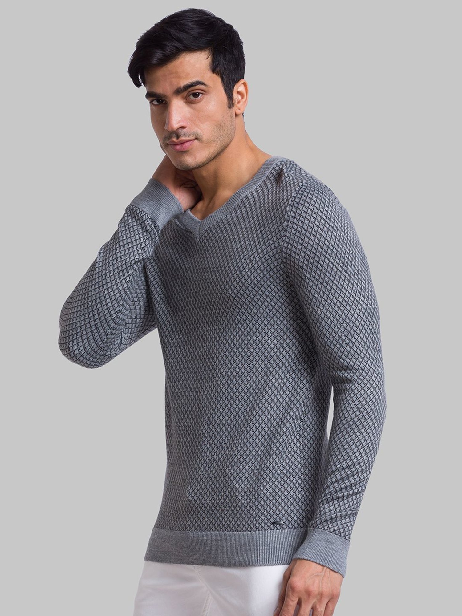 Parx Grey Regular Fit Checks Sweater