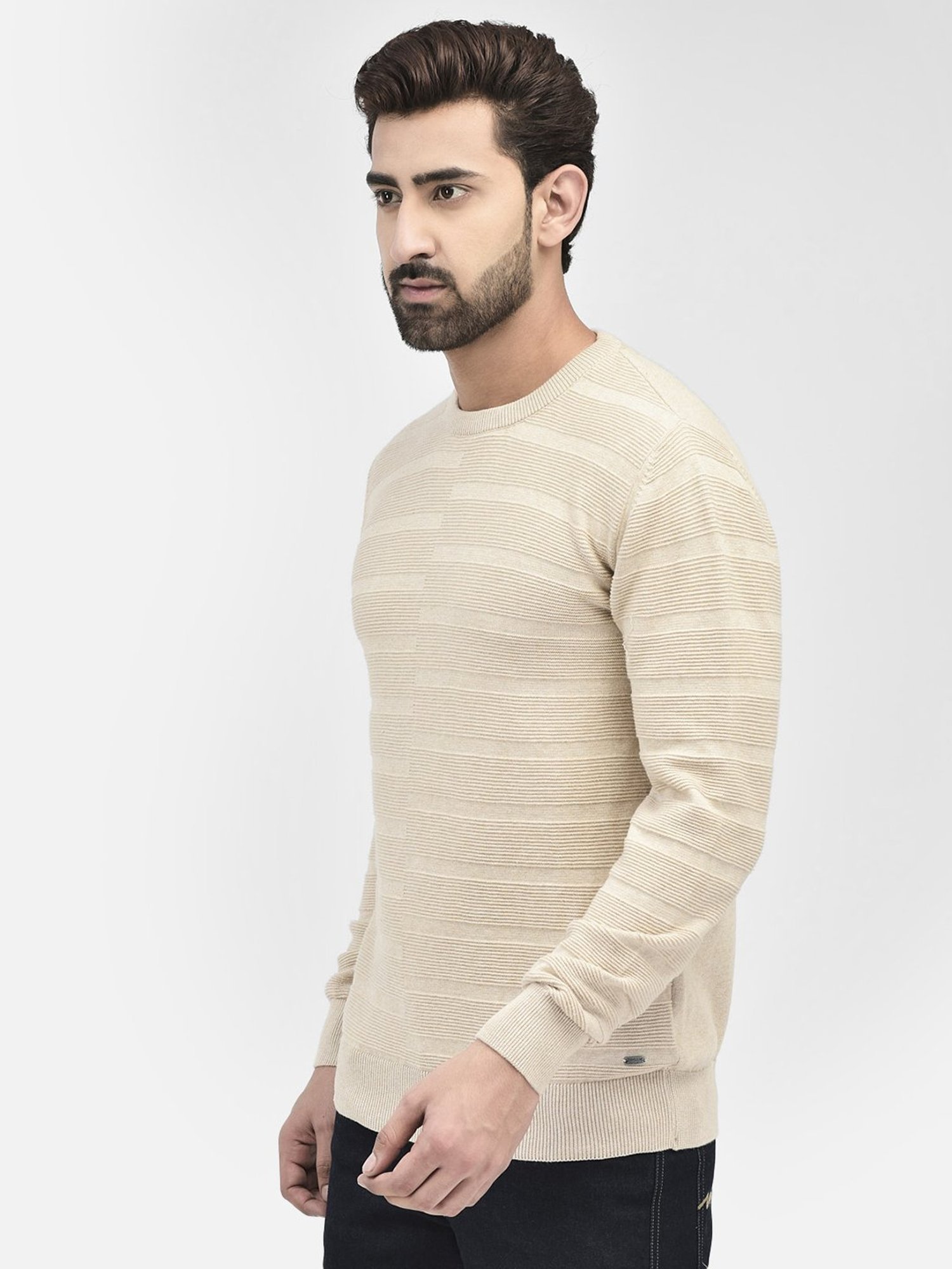 Crimsoune Club Beige Regular Fit Self Design Cotton Sweater