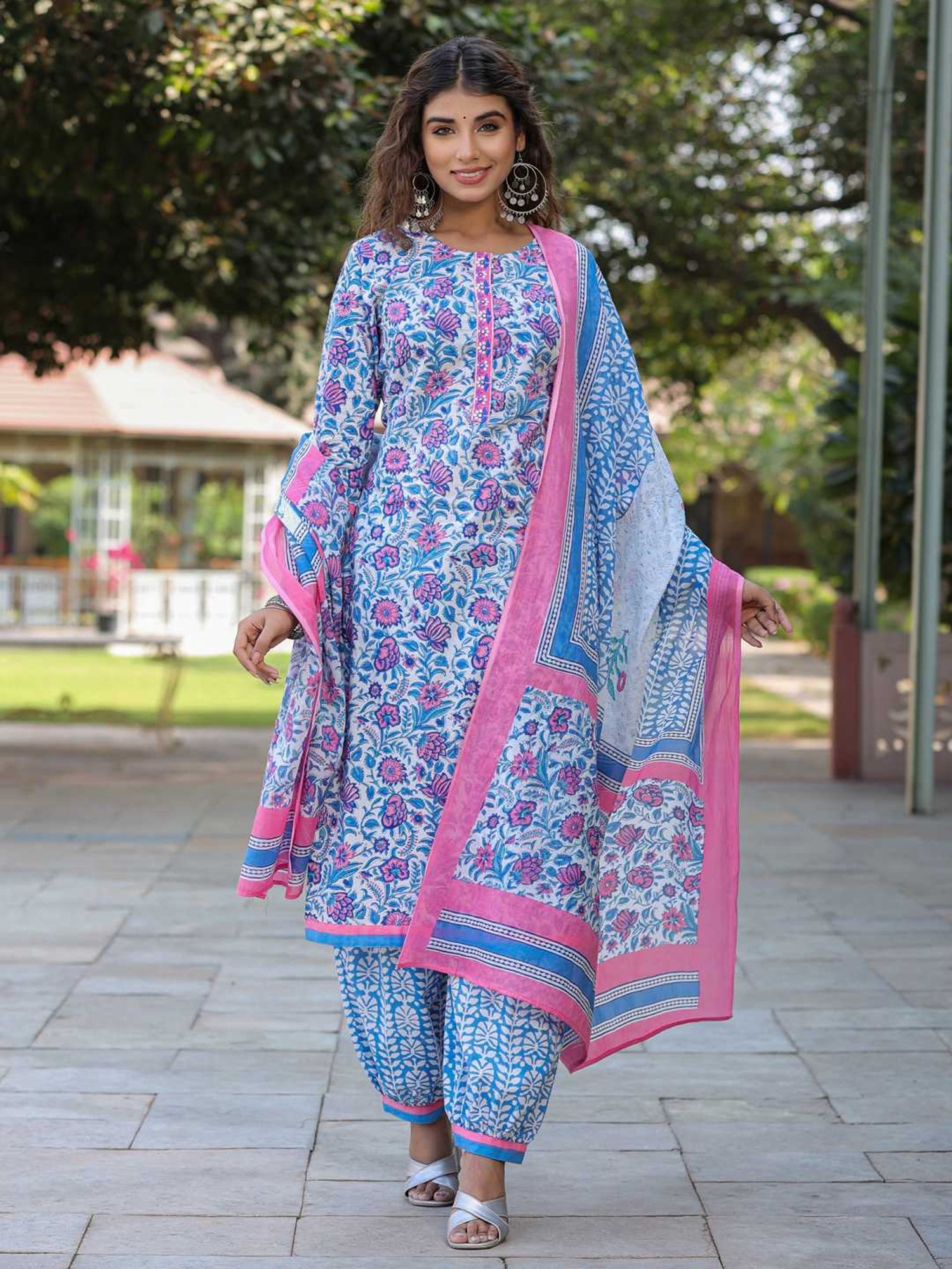 Rain and Rainbow Blue Cotton Embroidered Kurta & Salwar Set With Dupatta