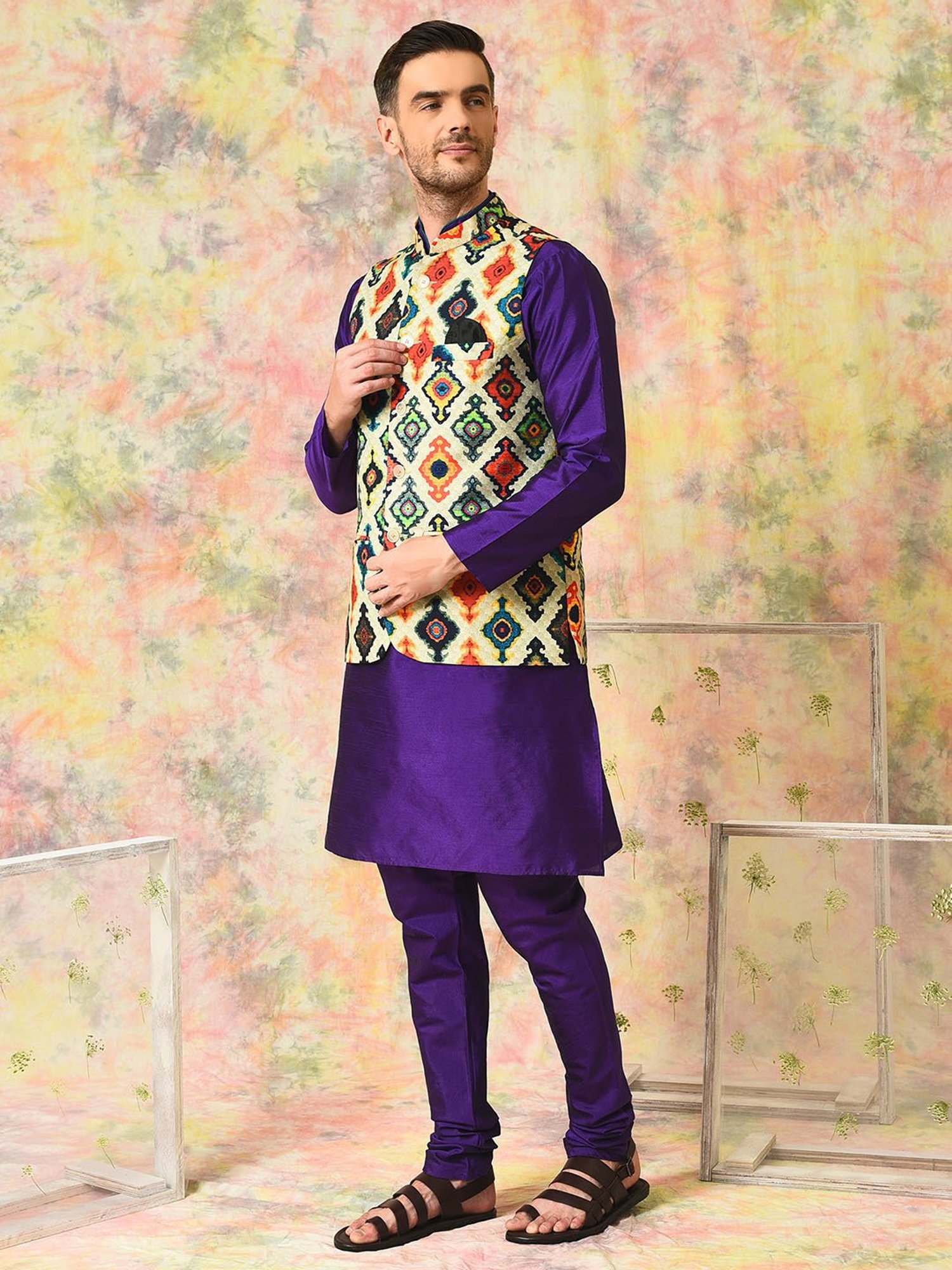 Hangup Purple Regular Fit Print Kurta & Churidar With Nehru Jacket