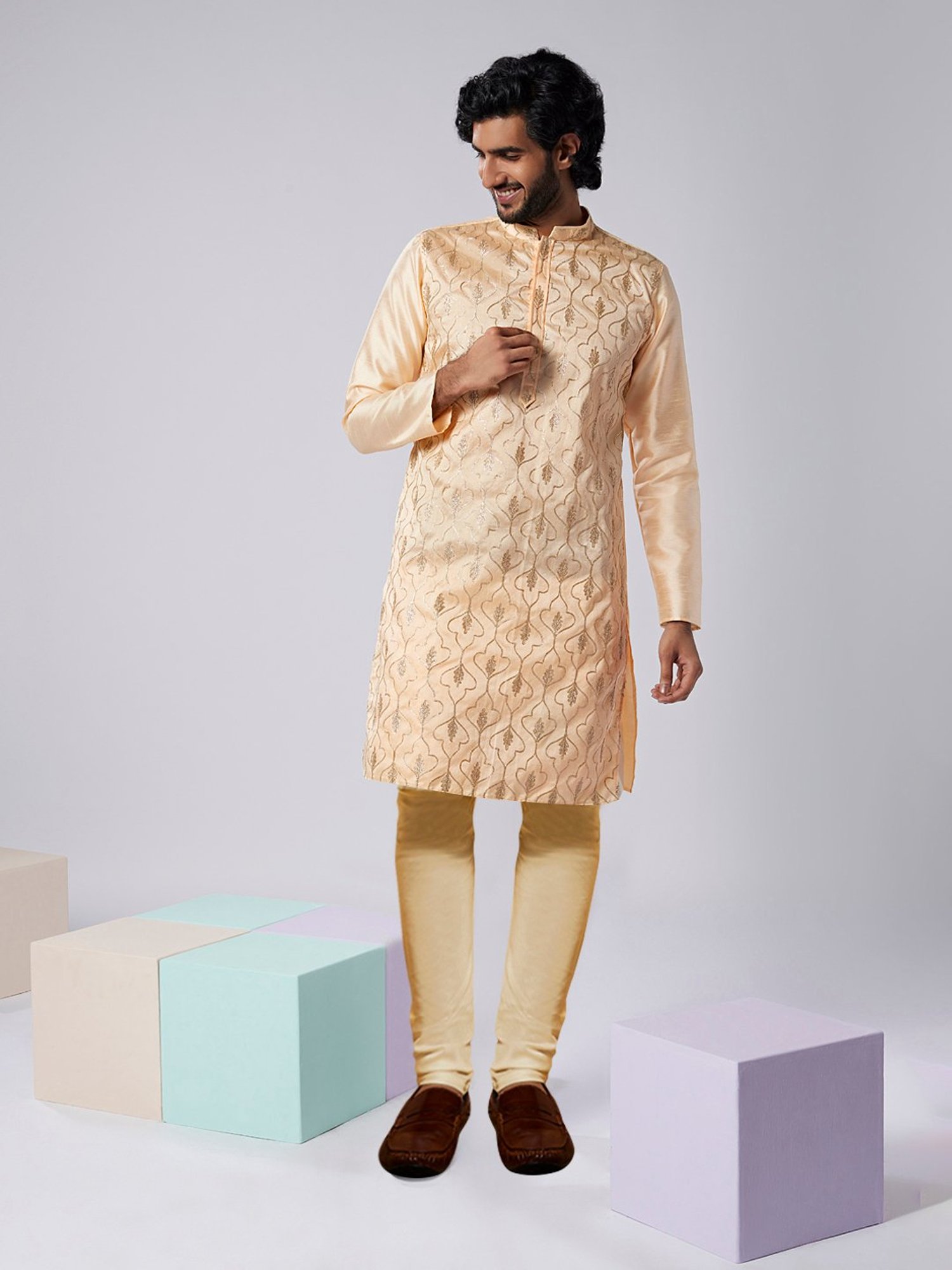 KISAH Nude & Beige Regular Fit Embellished Kurta & Churidar Set