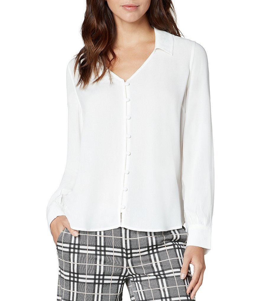 Liverpool Los Angeles Button Front V-Neck Long Sleeve Crepe Blouse