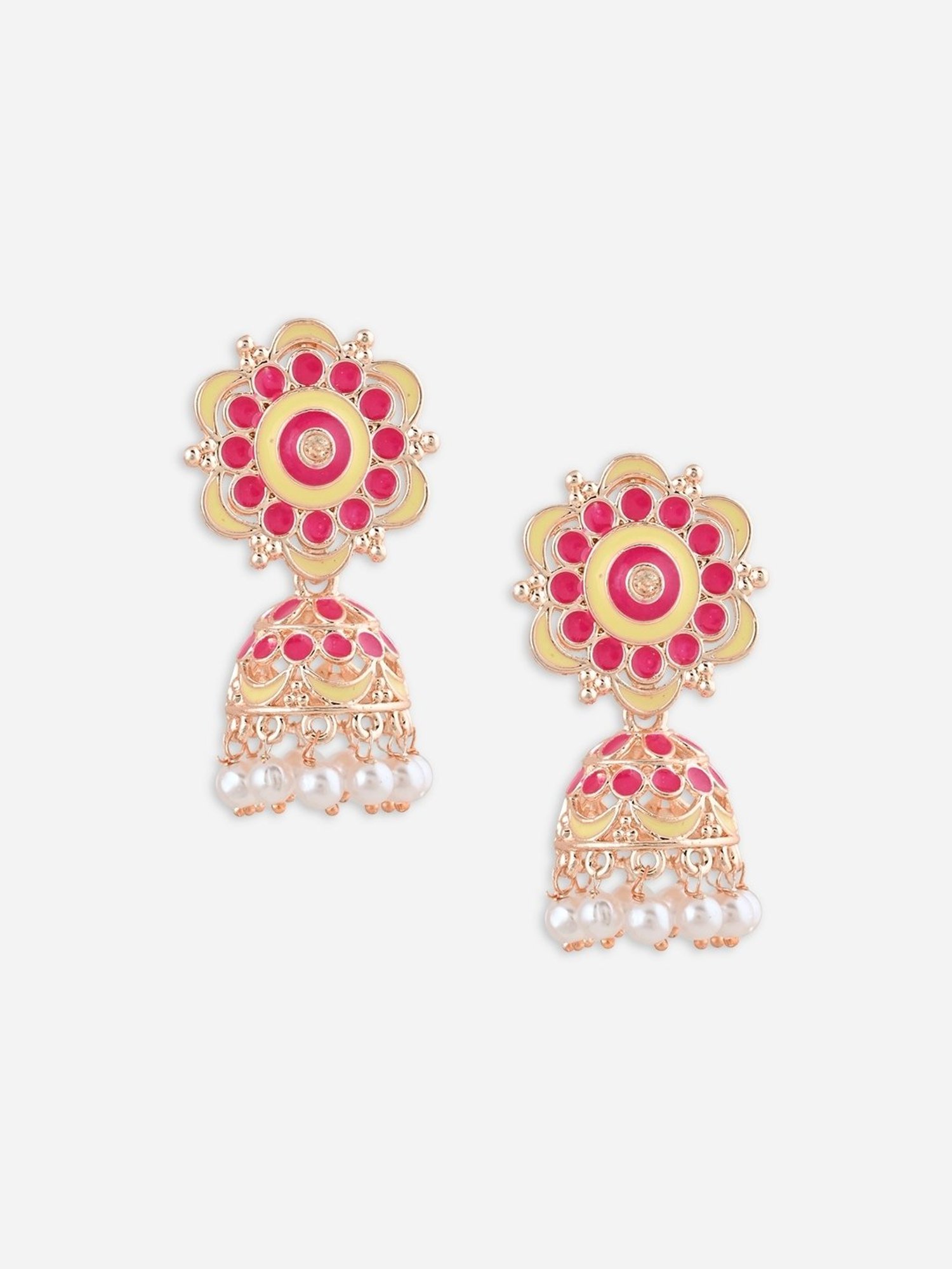 Fida Pink and Gold Plated Floral Pearl Meenakari Jhumki Earrings for Women