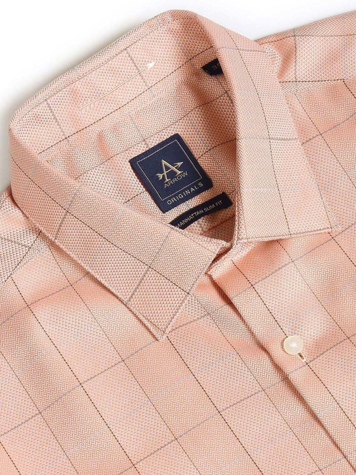 Arrow Orange Cotton Slim Fit Checks Shirt
