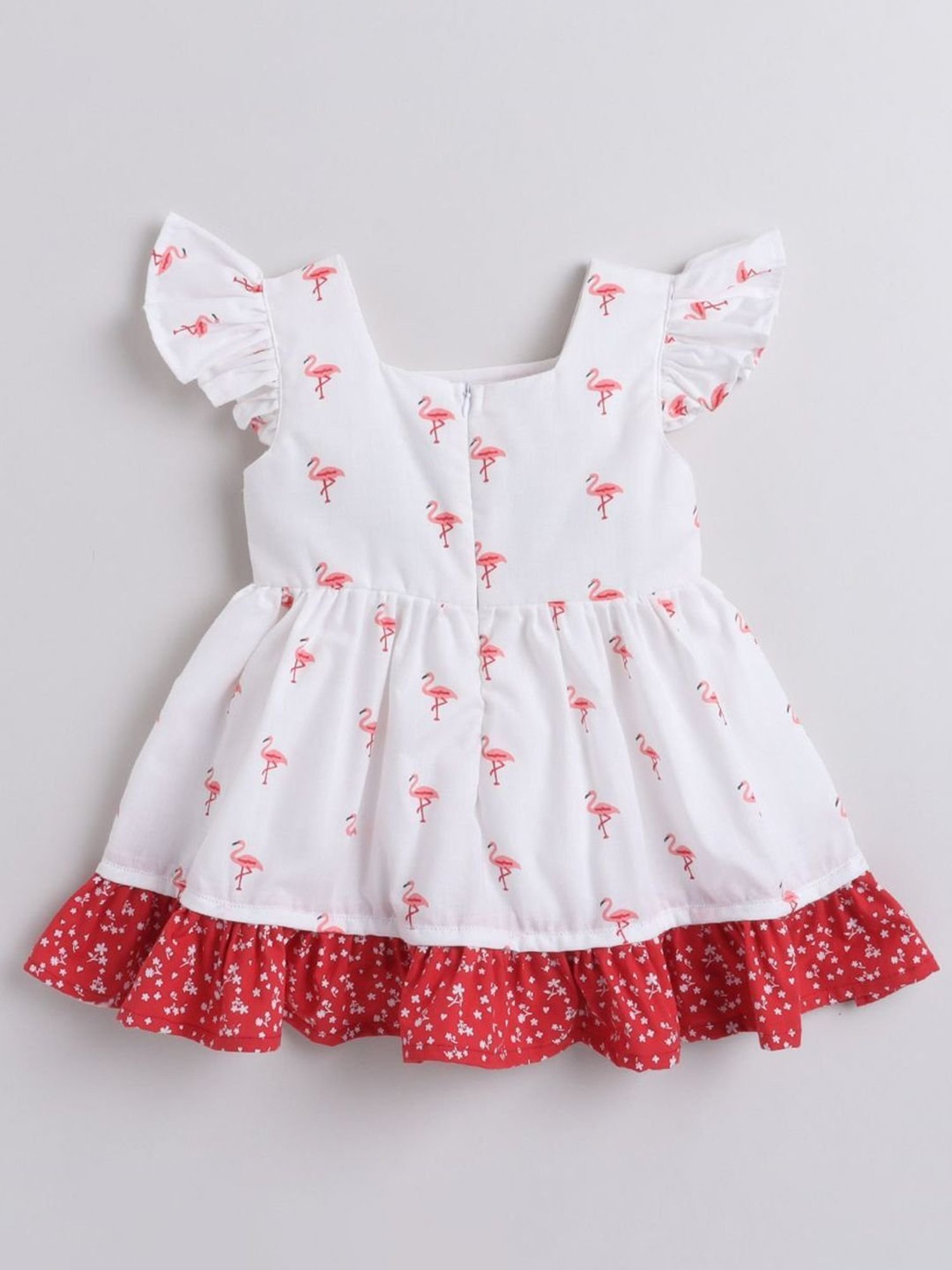 Many Frocks Kids White & Red Cotton Flamingo Print Dress