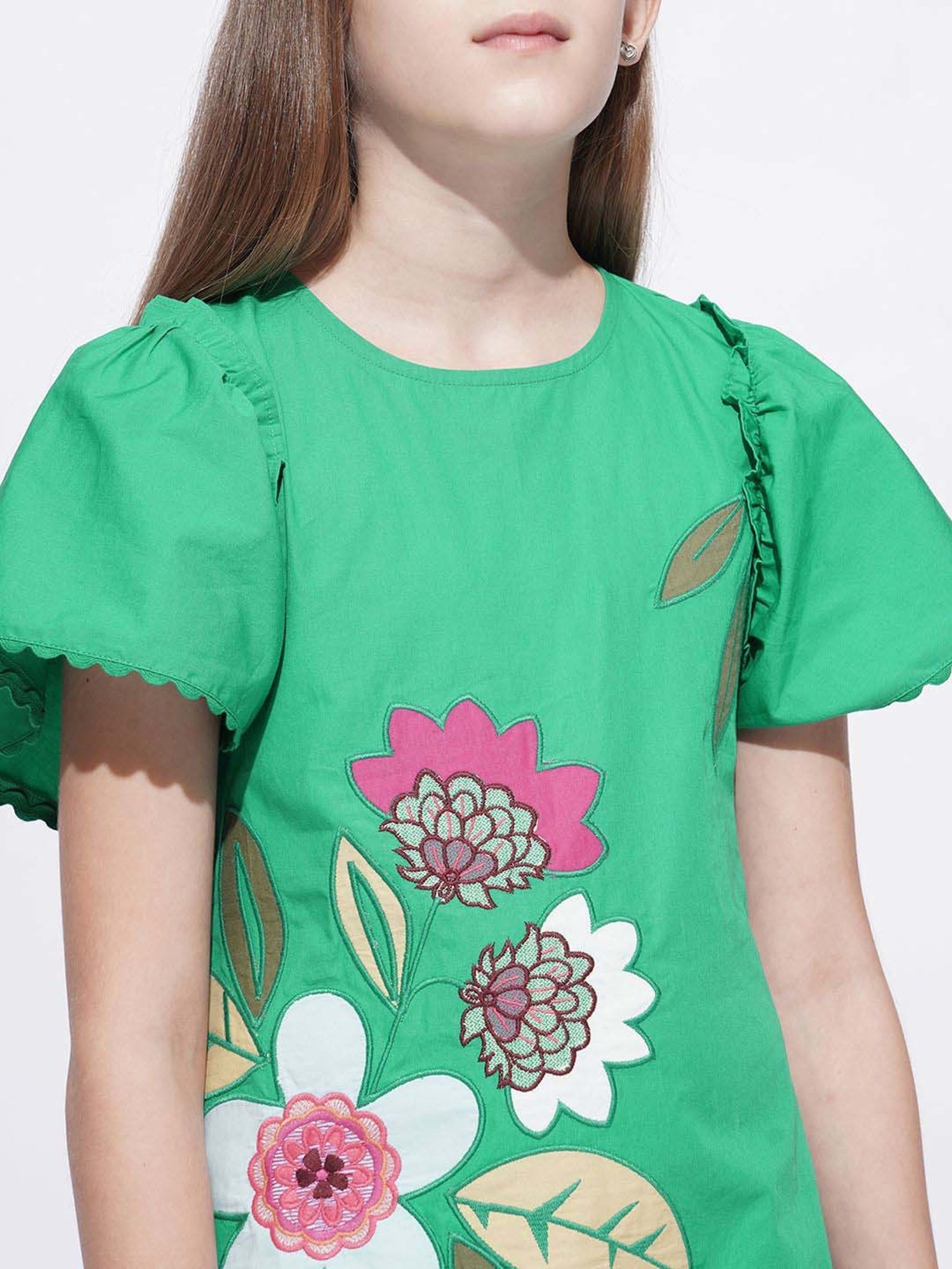 Vero Moda Girls Green Cotton Embroidery Dress