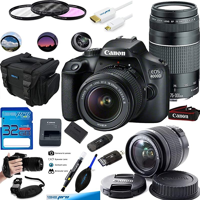 EOS 4000D Digital Camera with EF-S 18-55MM F/3.5-5.6 III Lens + EF 75-300mm f/4-5.6 III Telephoto Zoom Lens - Advanced Accessories Bundle (International Version)