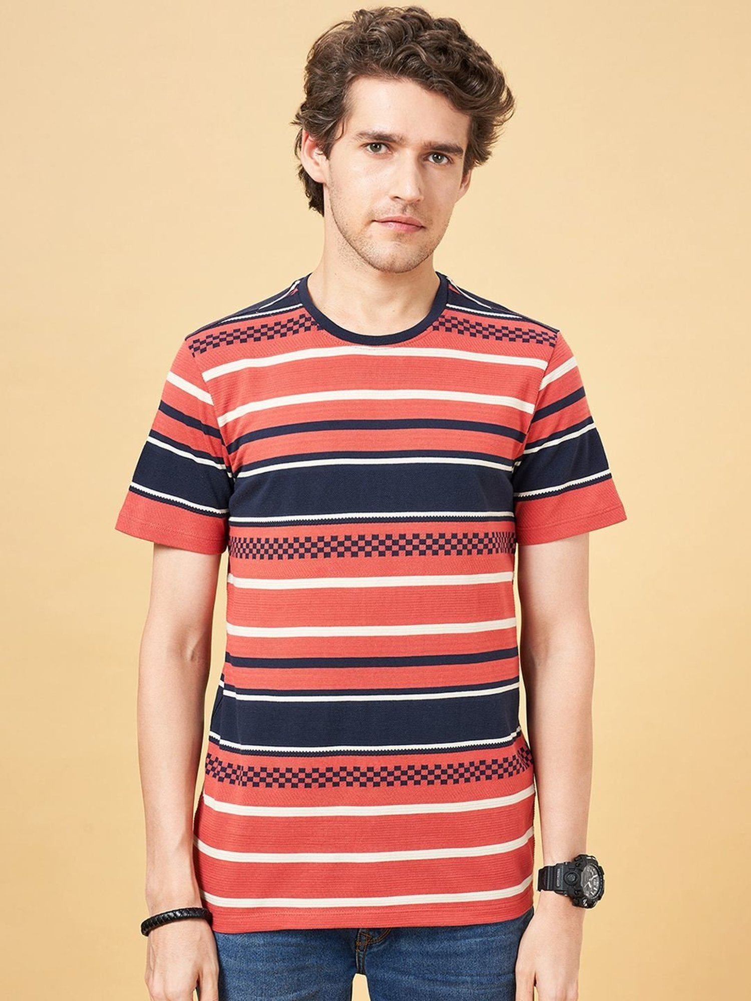 SF Jeans by Pantaloons Tabasco Cotton Slim Fit Striped T-Shirt