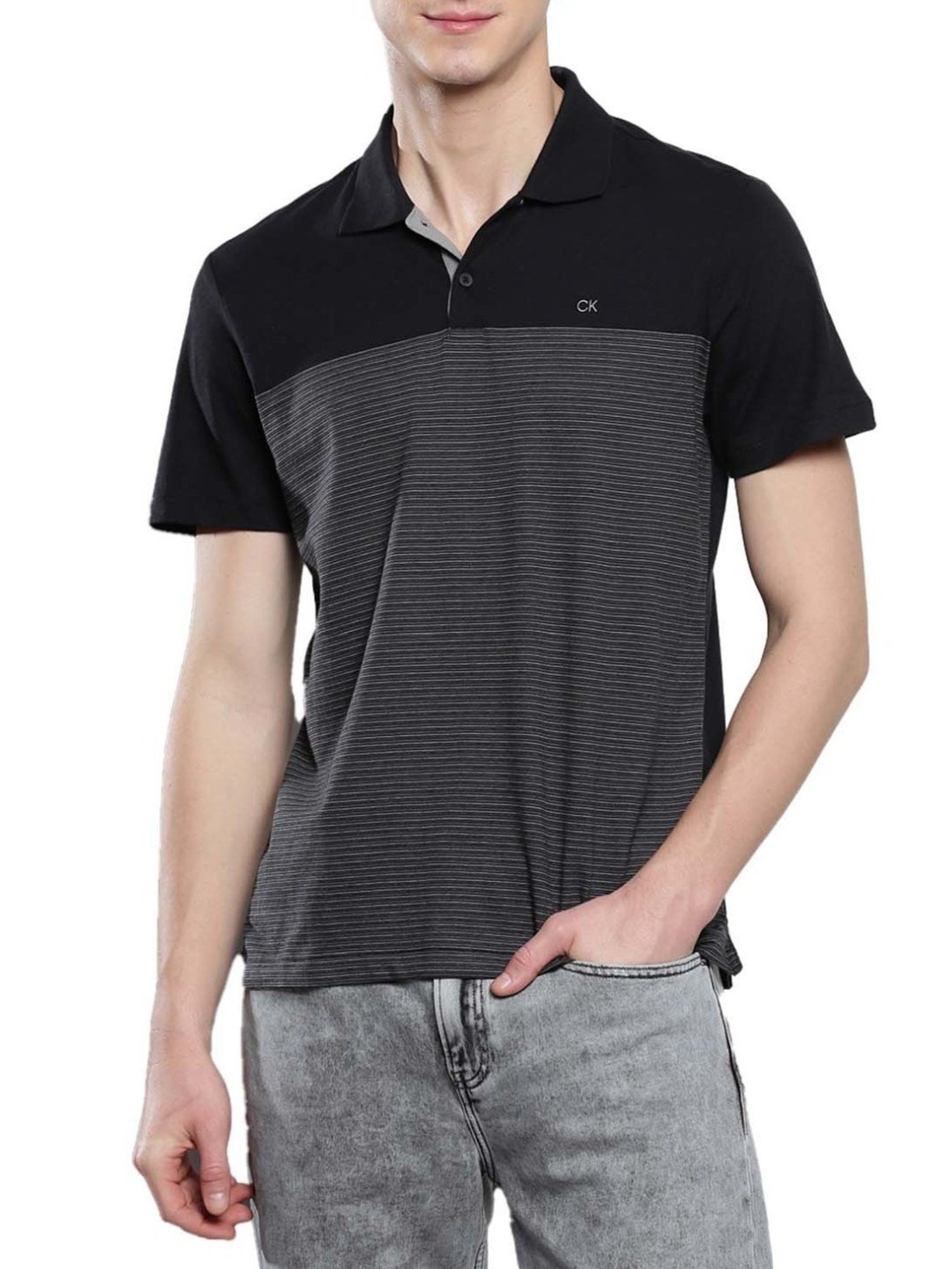 Calvin Klein Black Beauty Cotton Regular Fit Striped Polo T-Shirt