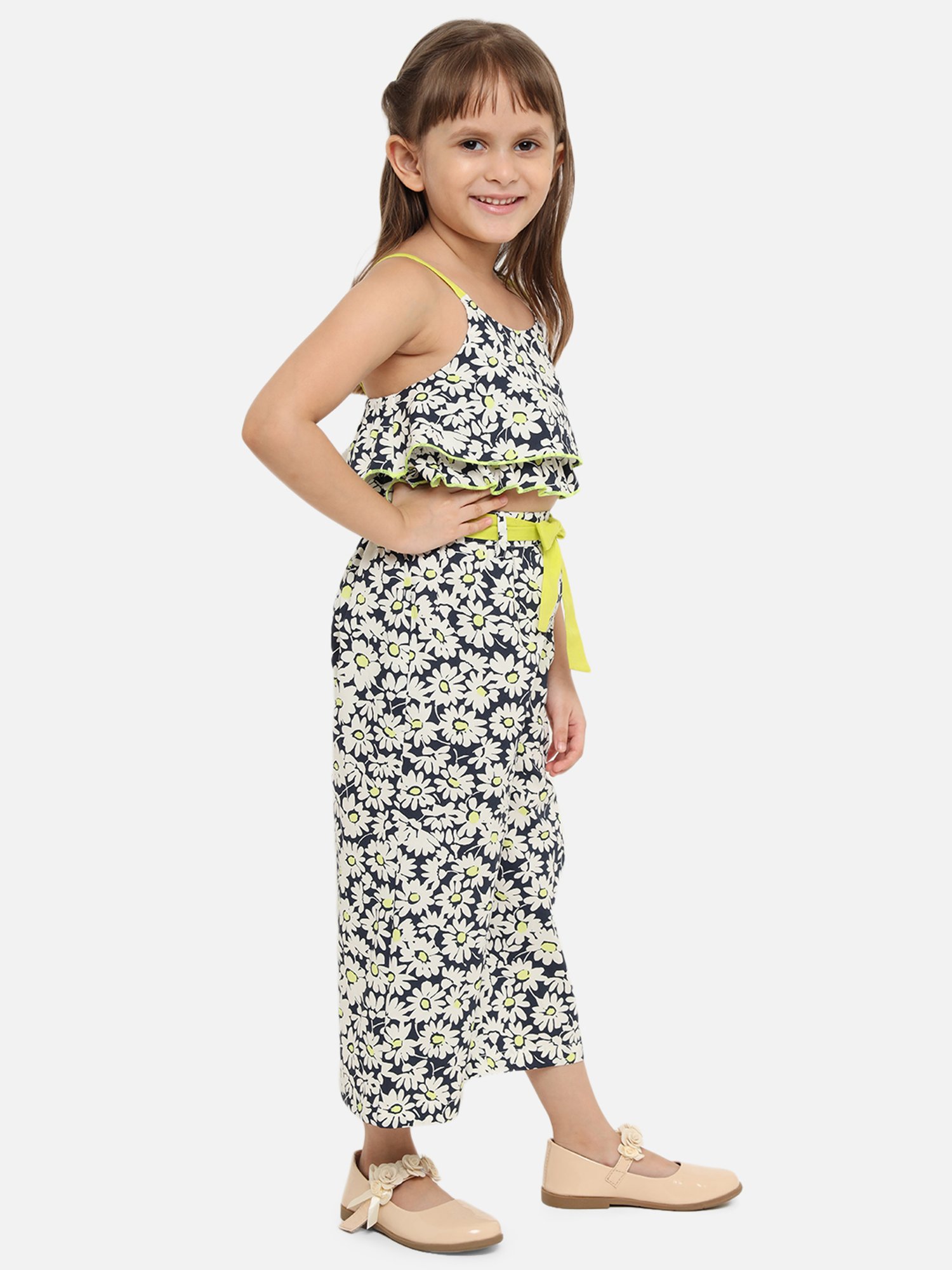 Nauti Nati Kids Navy Floral Print Top, Plazzos with Waist Tie Ups