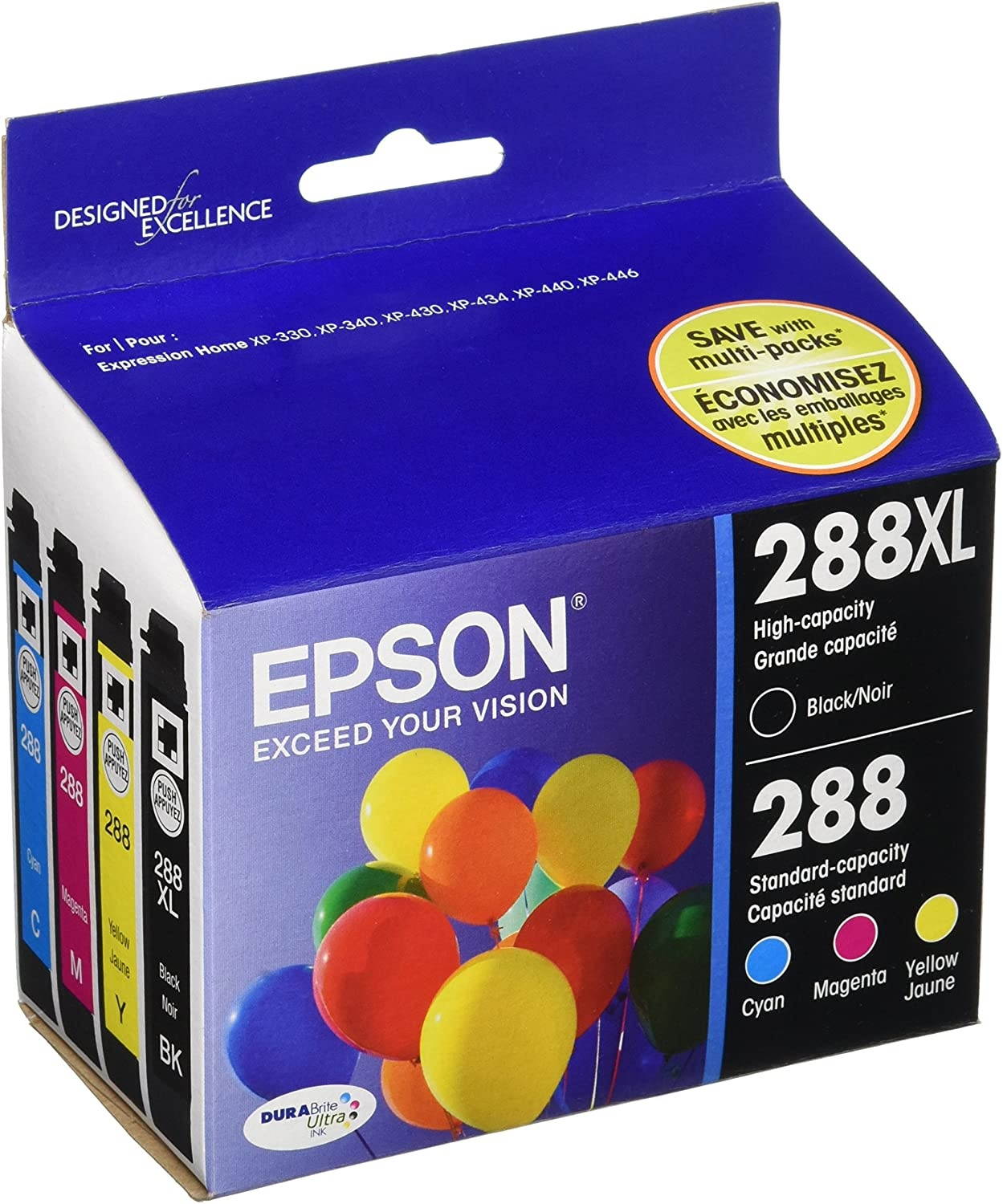 Epson T288XL-BCS Black High Capacity and Color Standard Capacity Ink Cartridges C/M/Y/K 4-Pack