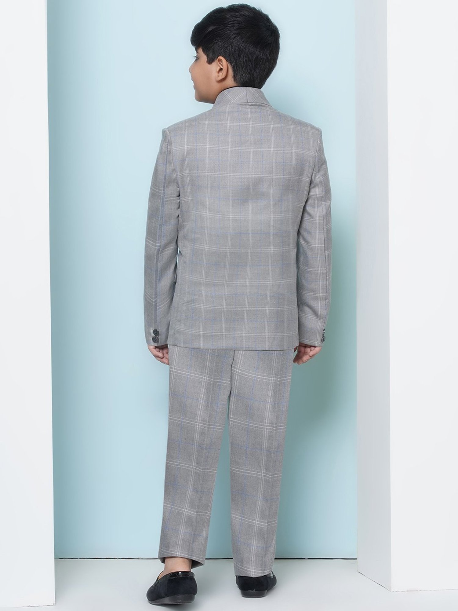 AJ Dezines Kids Grey & Navy Checks Full Sleeves Shirt, Pants, Coat, Waistcoat with Tie