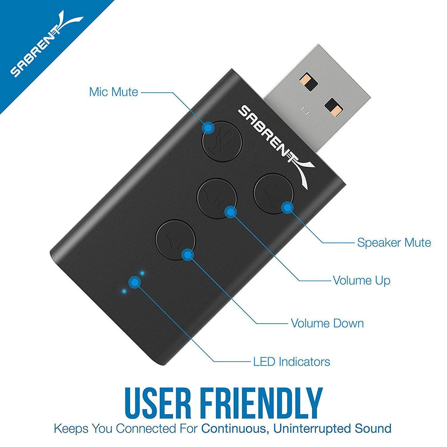 Sabrent Aluminum USB External 3D Stereo Sound Adapter [Black] (AU-DDAB)