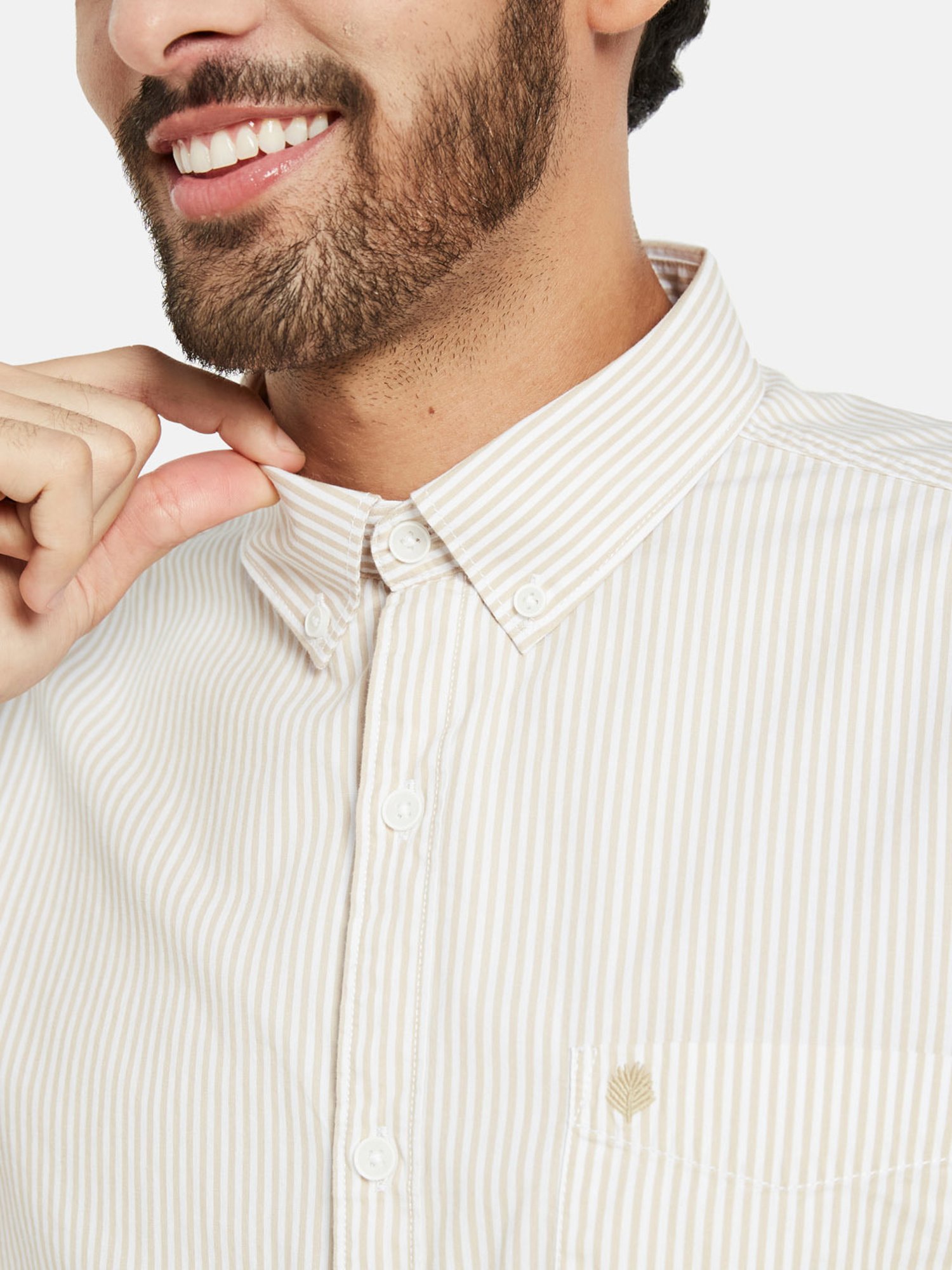 METTLE Cream Regular Fit Striped Shirt