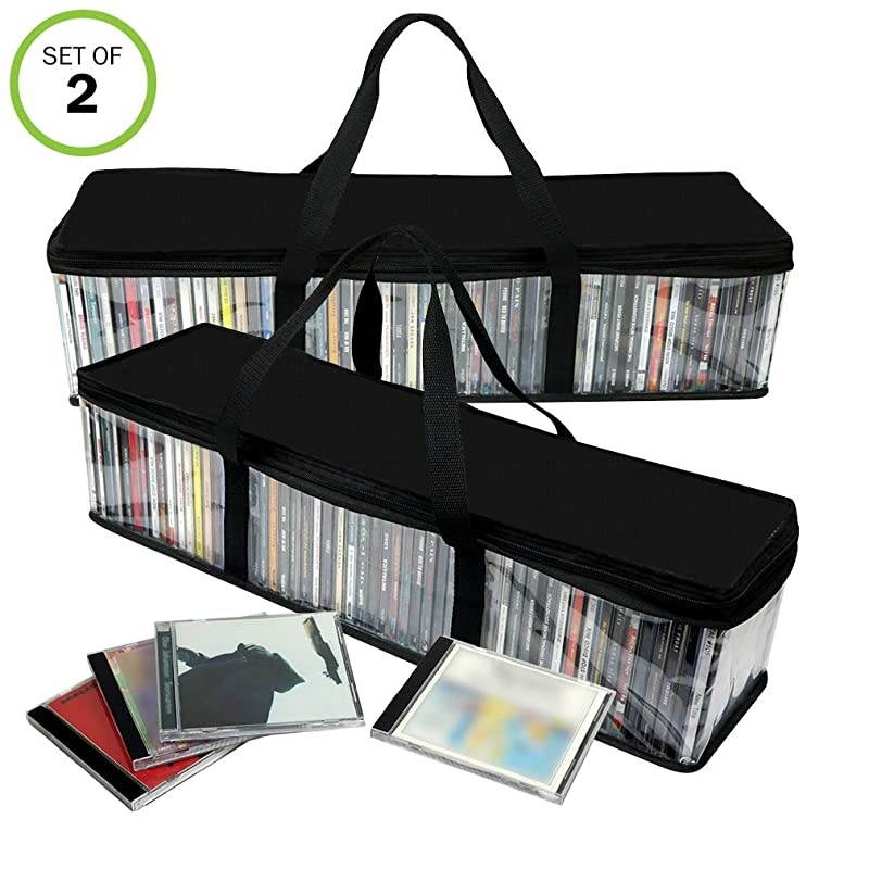 CD Storage Bag-Zippered-Clear-Handles-Hold 100 CDs Total-Black Top-Set/2
