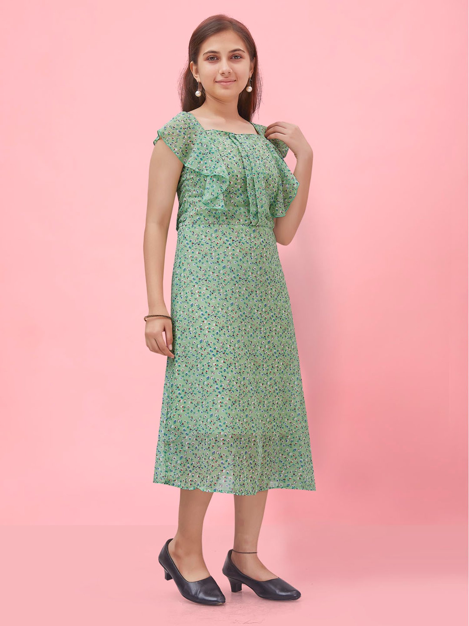 Aarika Kids Green Floral Print Midi Dress