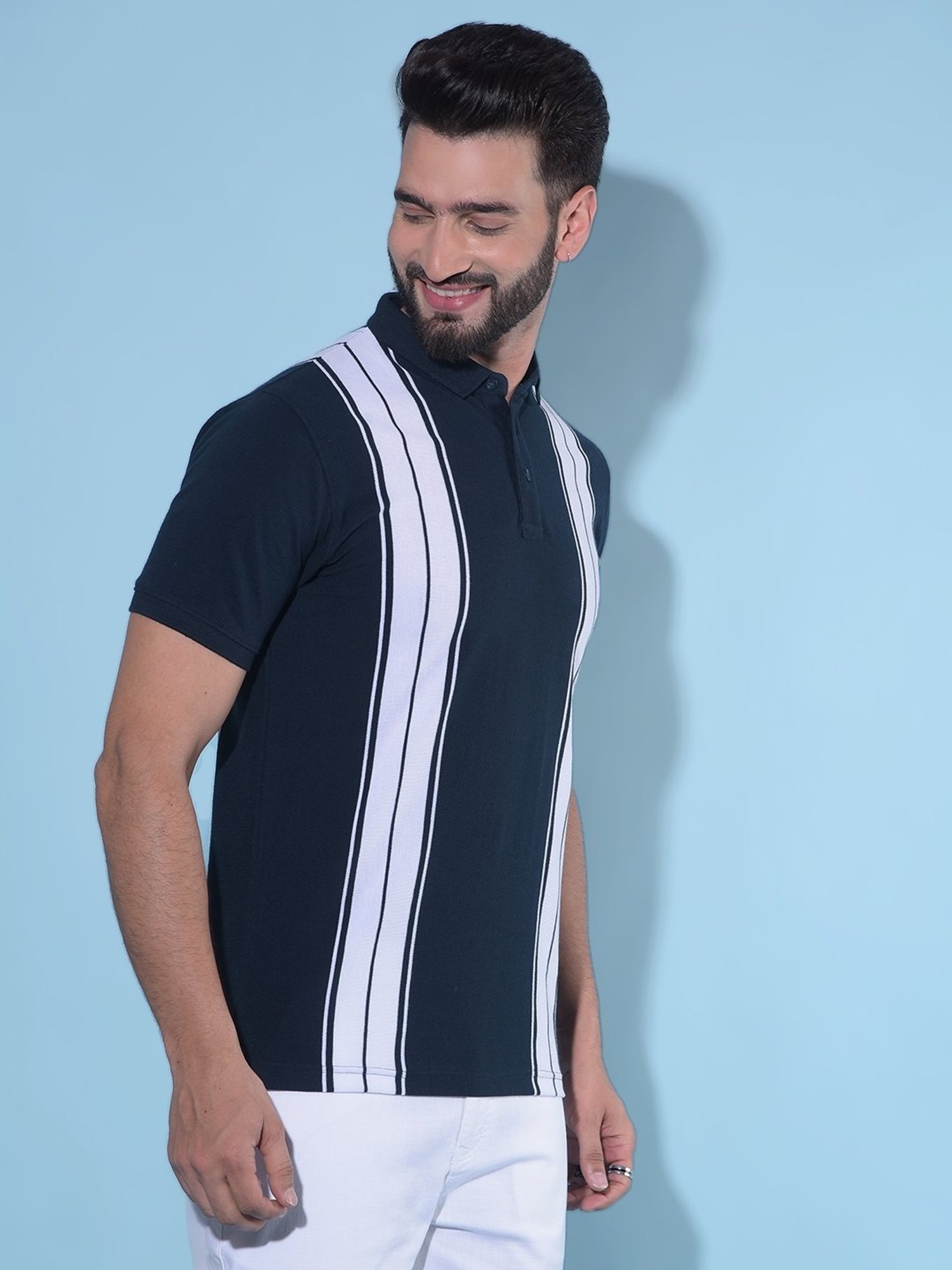 Crimsoune Club Navy Blue Cotton Slim Fit Striped Polo T-Shirt