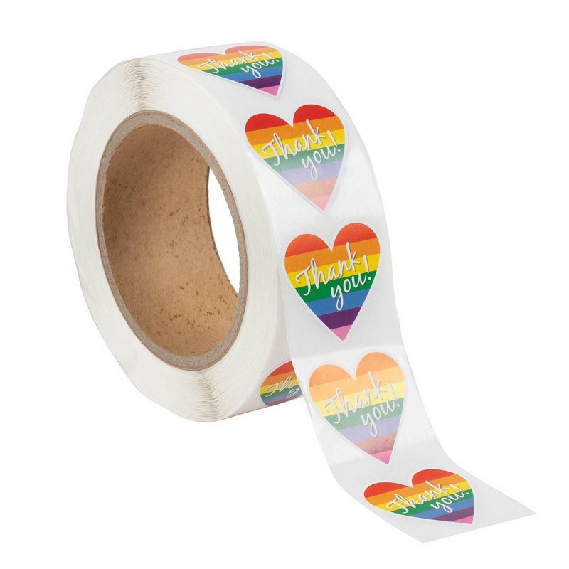 Best Paper Greetings 100-Piece Thank You Rainbow Heart Shaped Gay Pride Self Adhesive Sticker Roll, 1.5 x 1.25 in