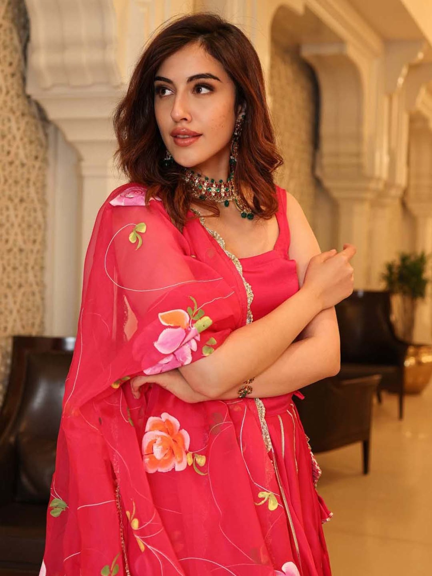 AACHHO Pink Floral Print Lehenga Choli Set With Dupatta