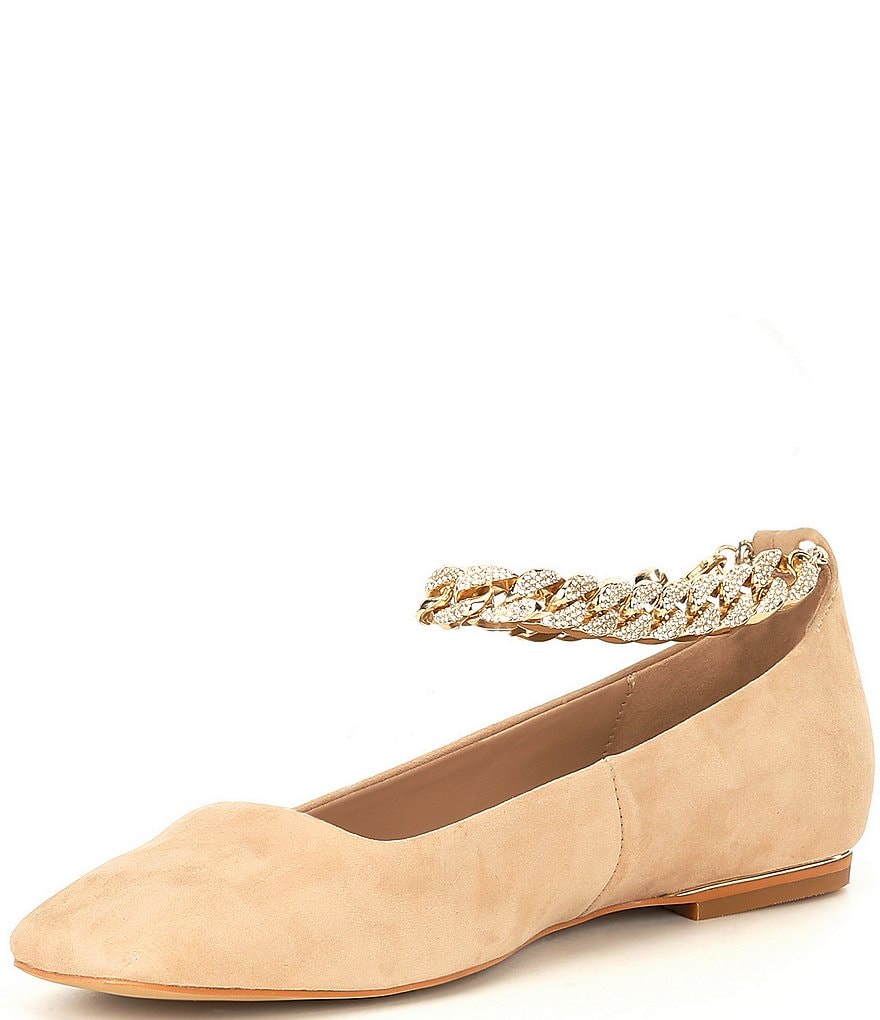 KARL LAGERFELD PARIS Zanna Suede Rhinestone Embellished Ankle Strap Flats