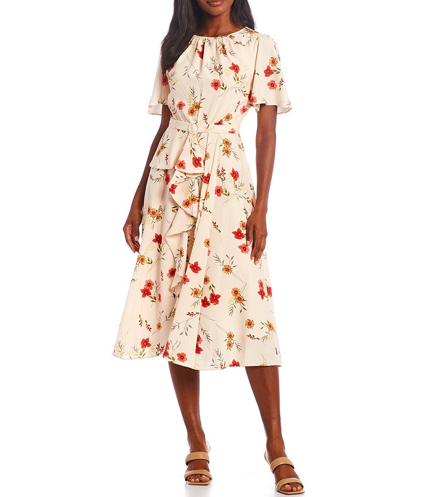 Maison Tara Belted Short Sleeve Floral Corkscrew Ruffle Midi Dress