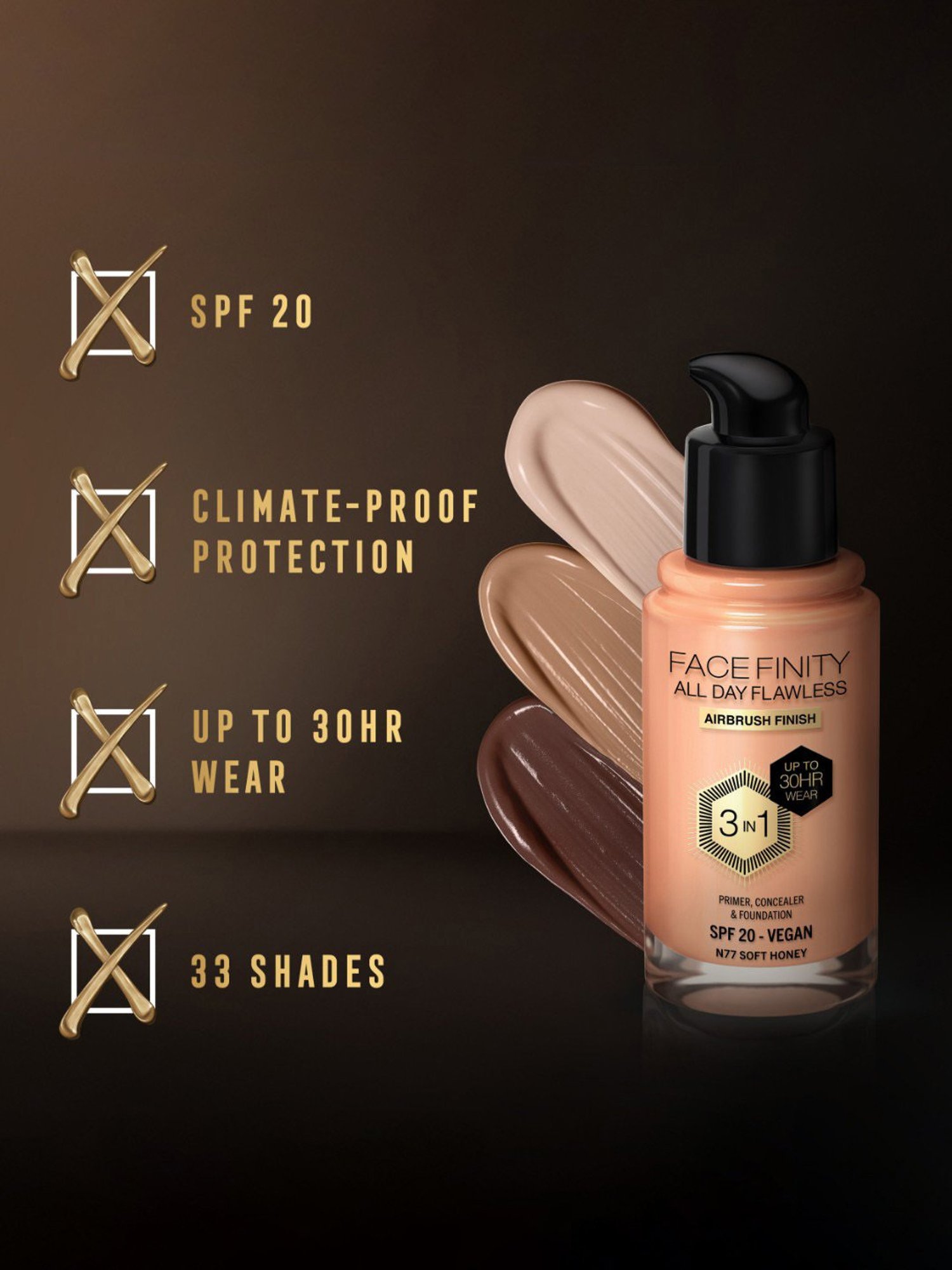 Max Factor Facefinity All Day Flawless 3 In 1 Foundation SPF 20 N77 Soft Honey - 30 ml