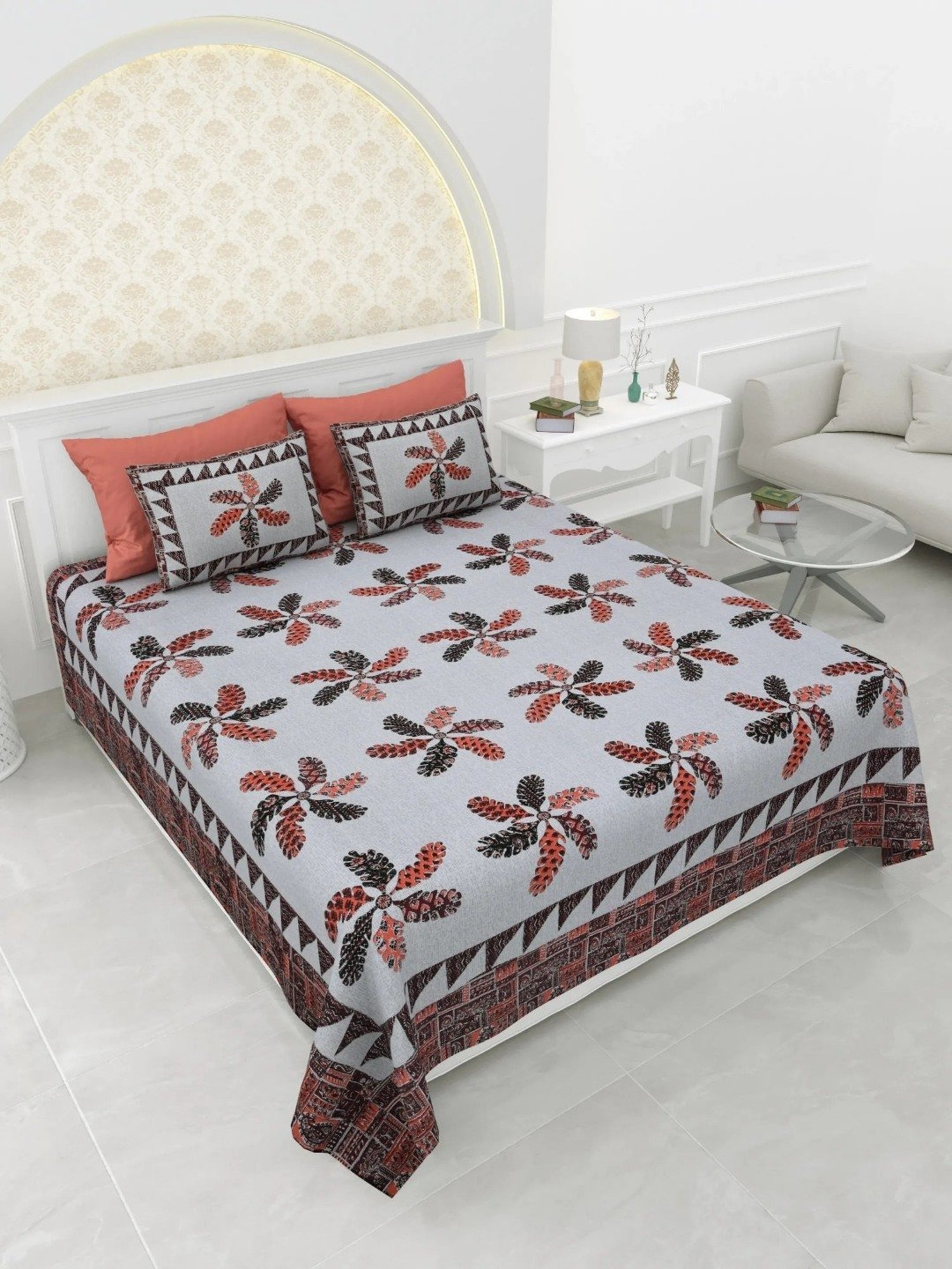 Living Roots Floral Gray 150 TC Cotton Bedsheet with 2 Pillow Covers