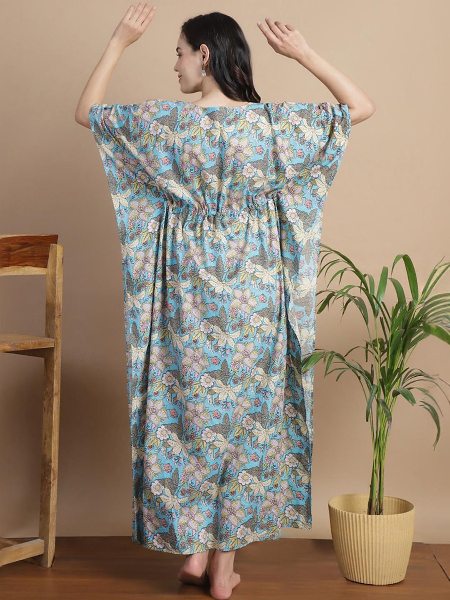 Secret Wish Sky Blue Cotton Floral Print Kaftan