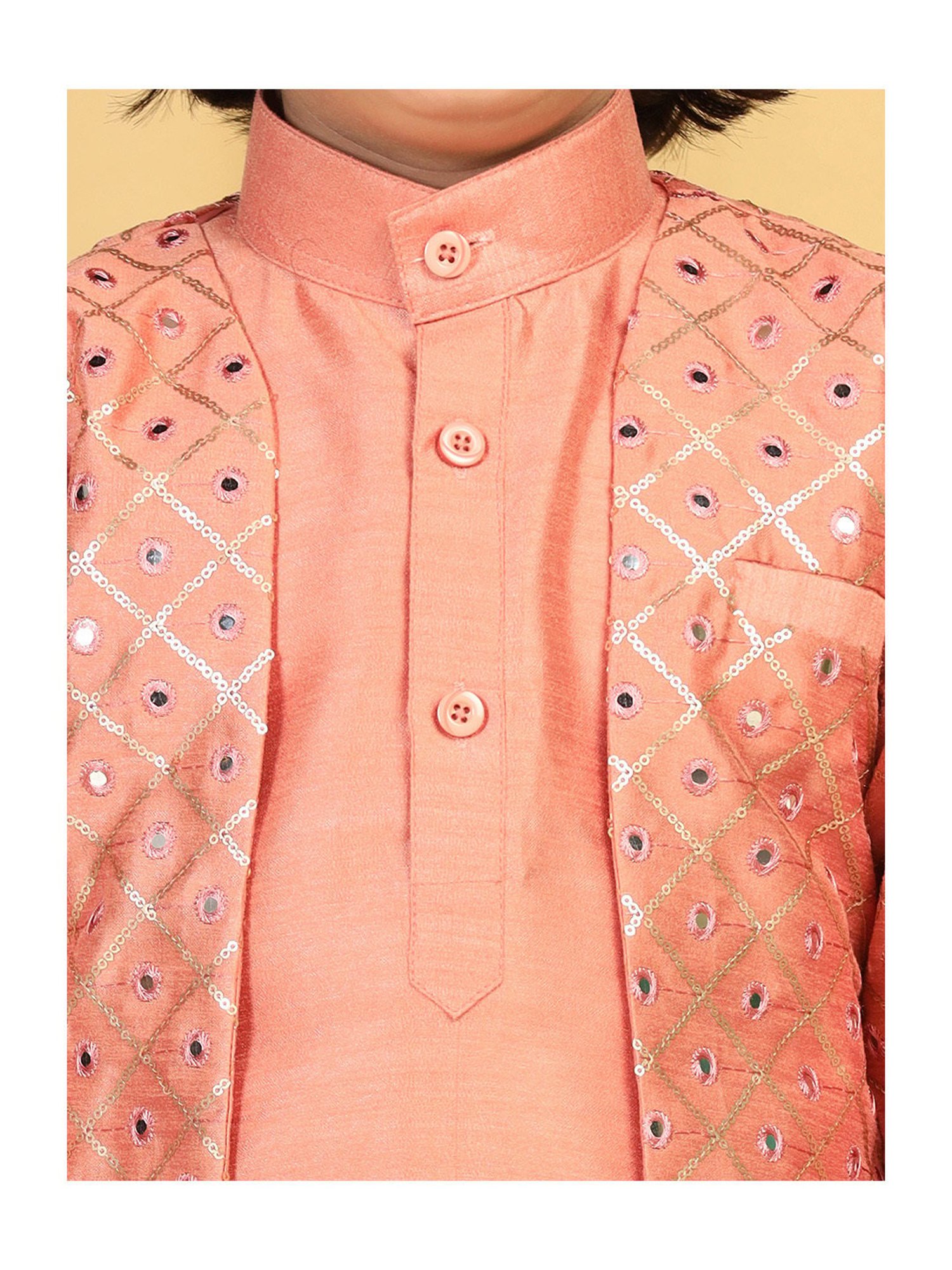 AJ Dezines Kids Peach Embellished Full Sleeves Kurta, Pyjamas with Jacket