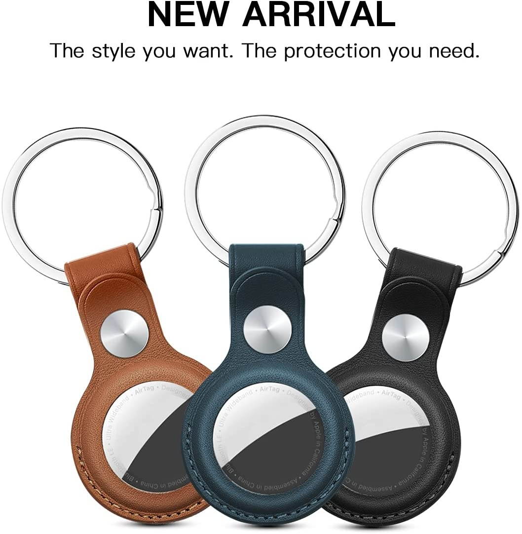 AICase Case for AirTag with Keychain Ring, Protective Leather Holder Tracker Cover with Keyring Compatible with Apple New Air Tag 2021 for Pets, Keys, Luggage, Backpacks
