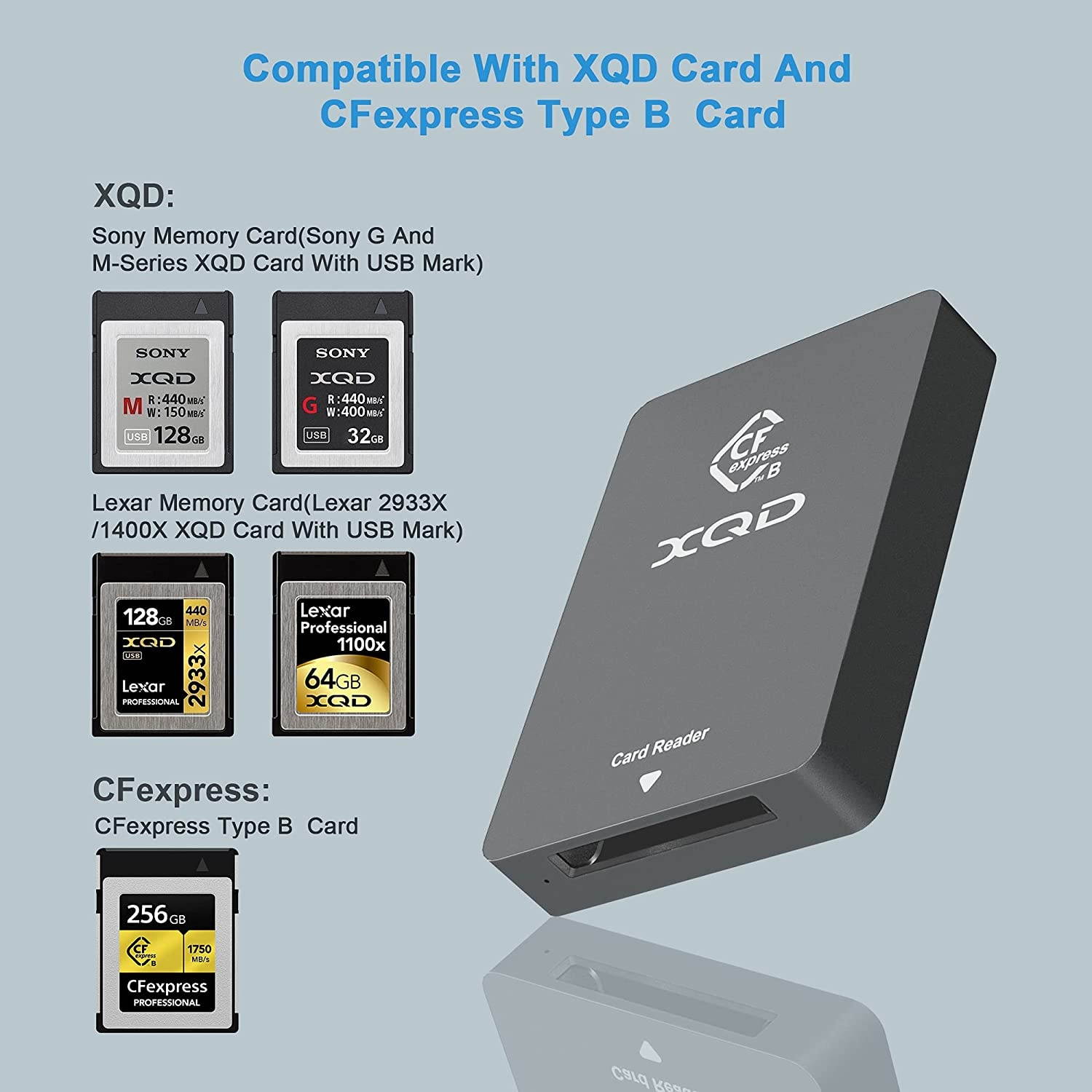CFexpress Type B XQD Card Reader USB 3.1 Gen 2 10Gbps CFexpress XQD Reader Portable Aluminum CFexpress Card Adapter for CFexpress Type B Card and Sony G/M Series, Lexar 2933x/1400x USB Mark XQD Card