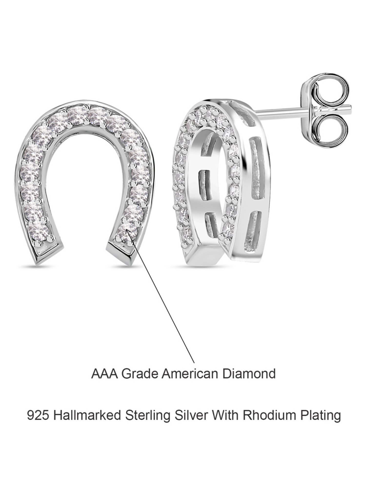 Ornate Jewels 925 Sterling Silver American Diamonds Lucky Horseshoe Stud Earrings for Women