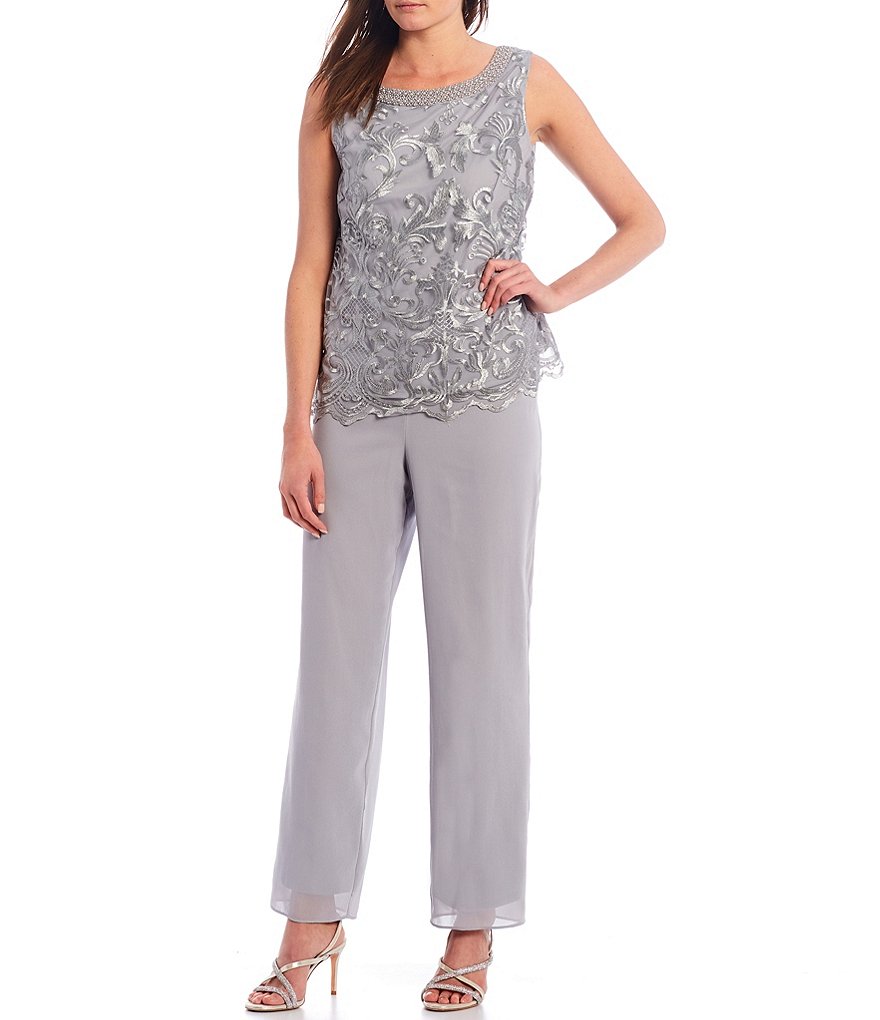 Le Bos Embroidered Mesh Georgette 3-Piece Duster Pant Set
