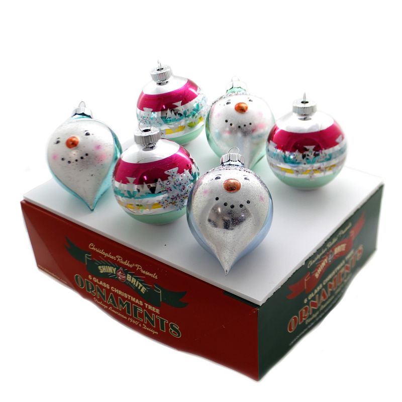 Shiny Brite 4.25" Vc Dec Rounds With Figures Ornaments Snowmen  -  Ornament Sets