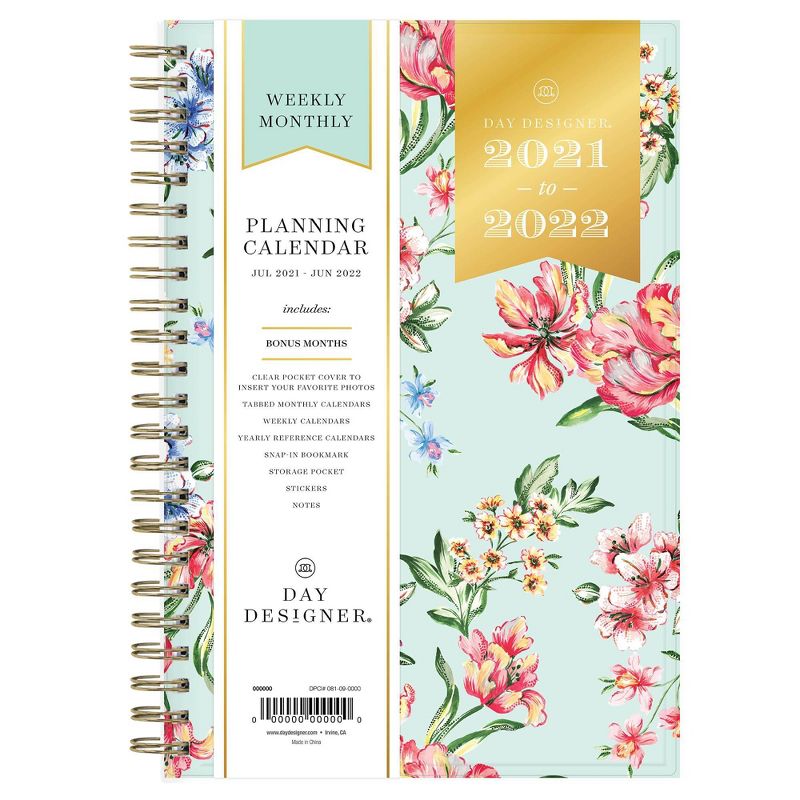 2021-22 Academic Planner 8"x5" Clear Pocket Cover Weekly/Monthly Wirebound Tulip Garden Mint - Day Designer