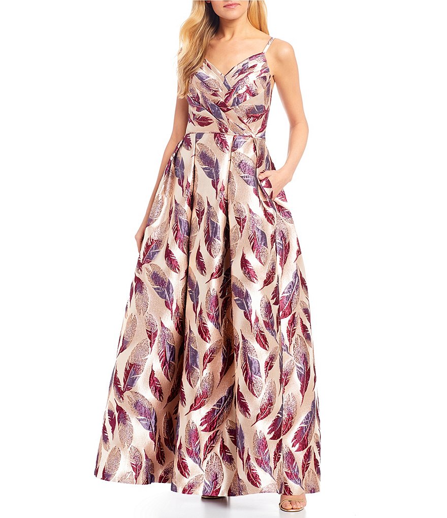 Morgan & Co. Spaghetti Strap V-Neck Feather Print Jacquard Ball Gown